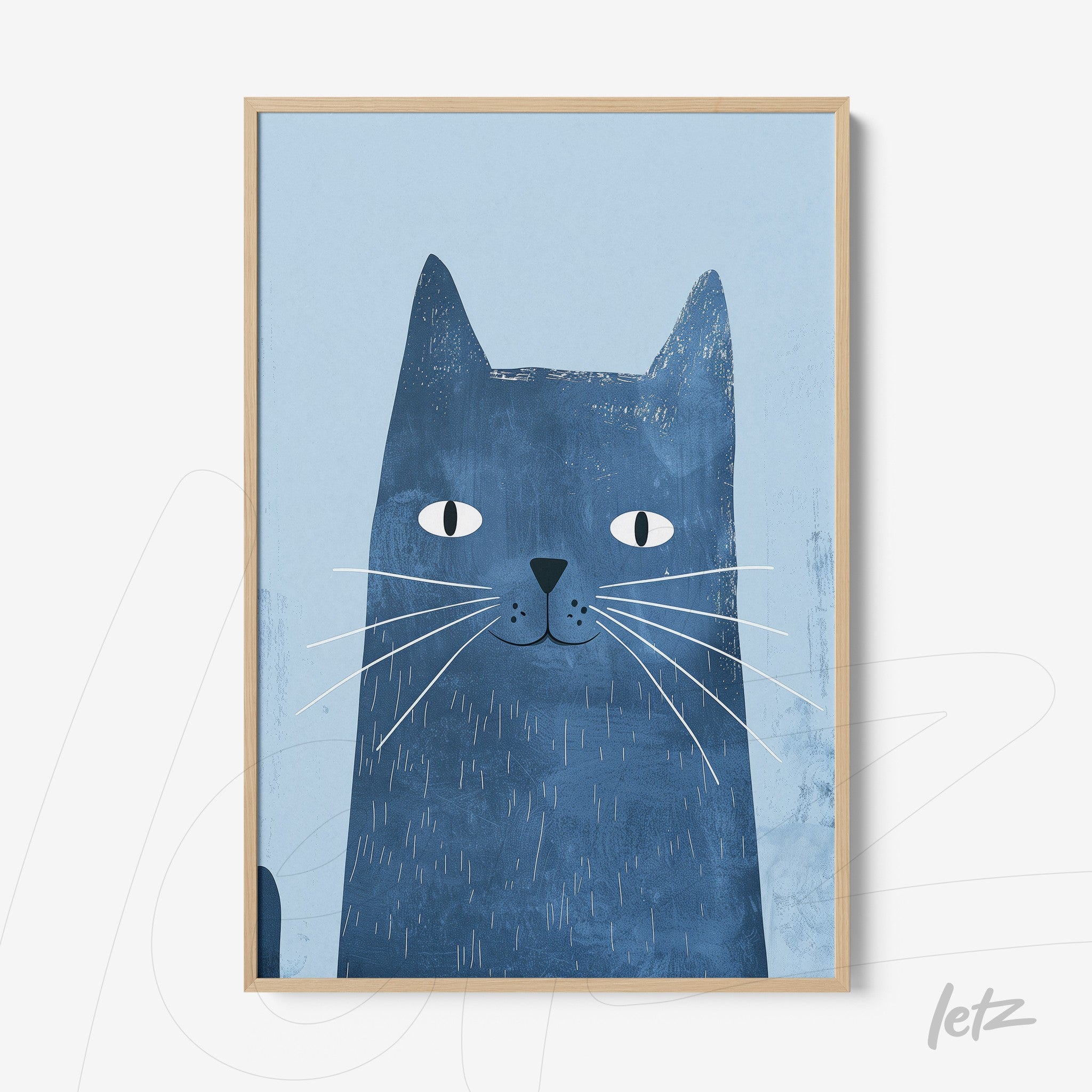 quadro com ilustração de gato azul em fundo claro, moldura de madeira clara