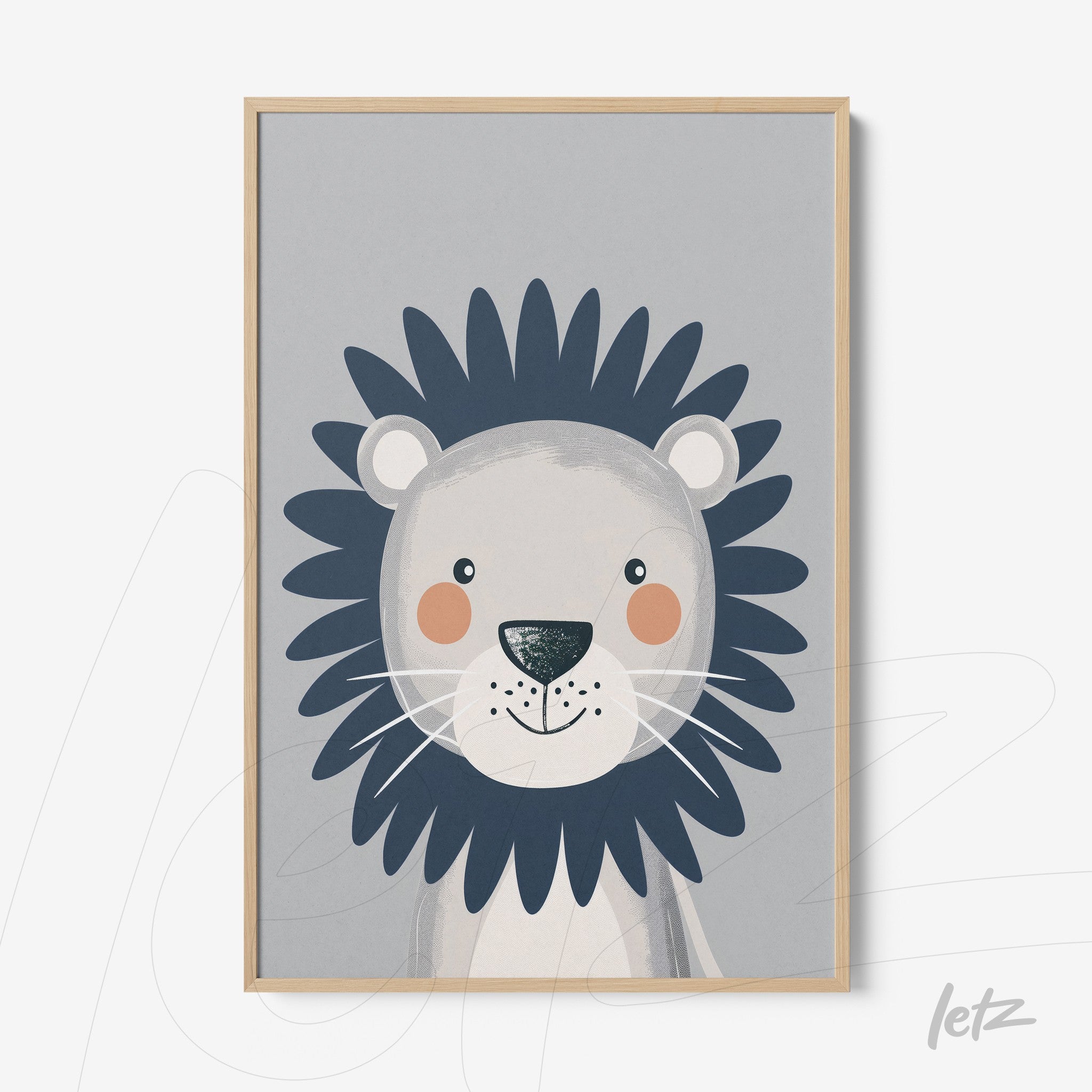 quadro com ilustração de leão com longas linhas de cabelo escuro em fundo cinza e moldura de madeira