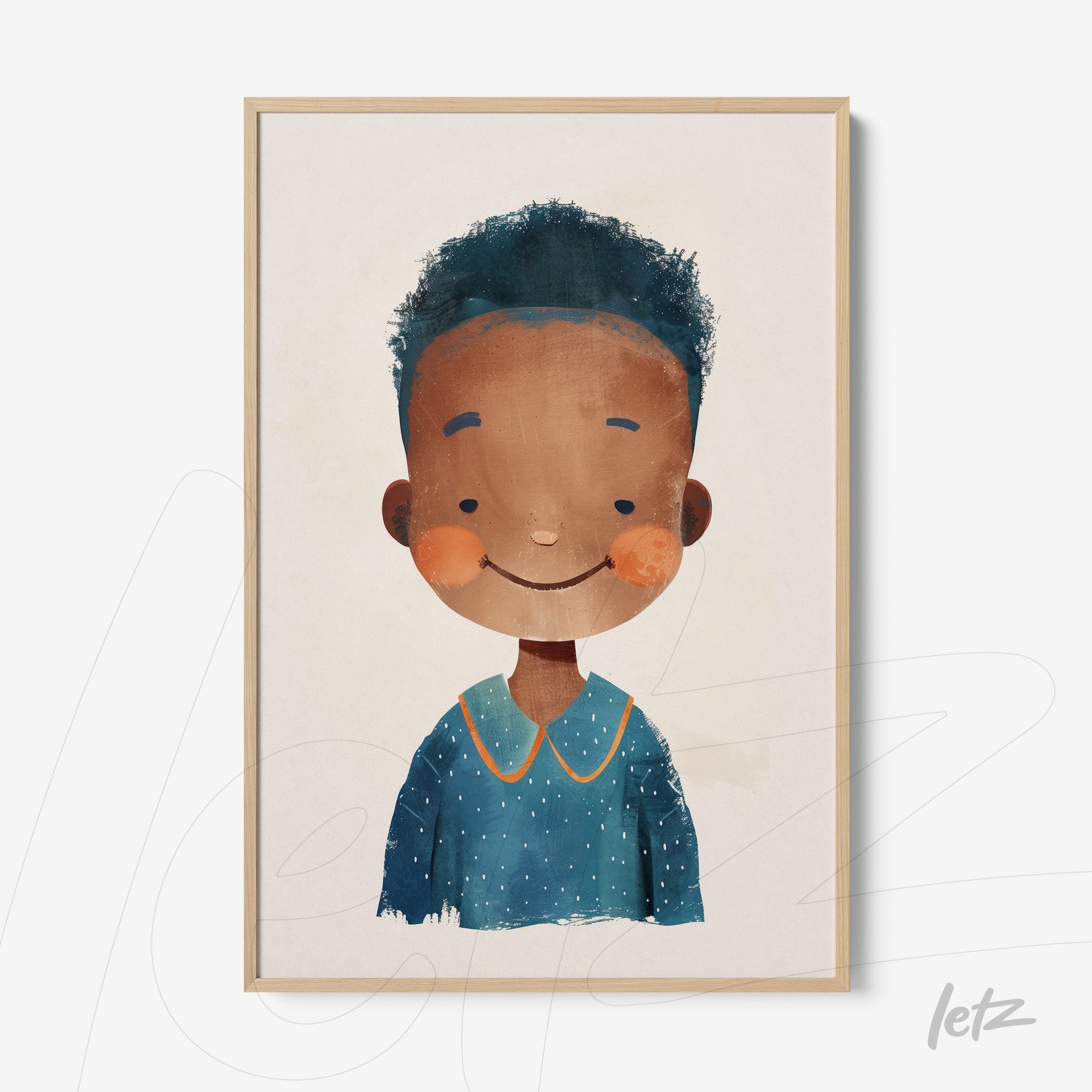 quadro com ilustração infantil de garoto sorridente com cabelo cacheado, moldura clara e fundo neutro