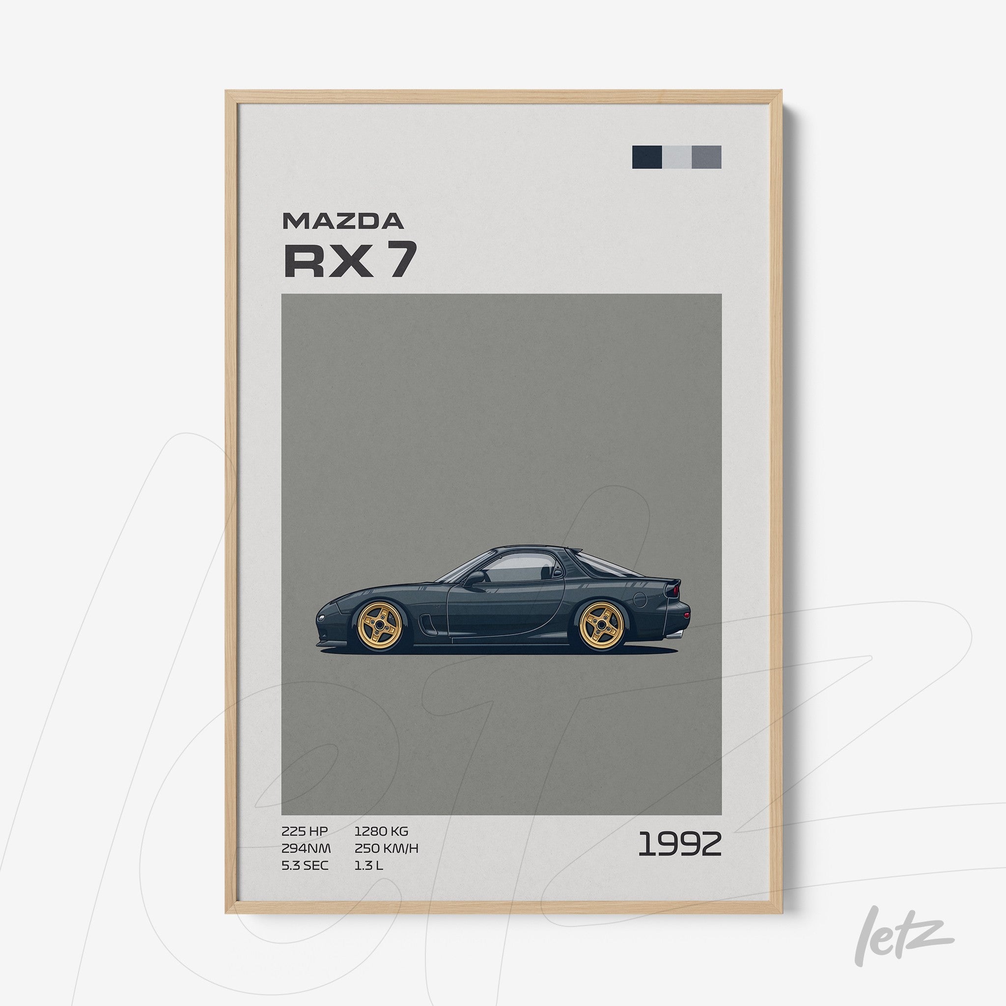 quadro com ilustração de um carro Mazda RX7 em fundo cinza, moldura de madeira clara