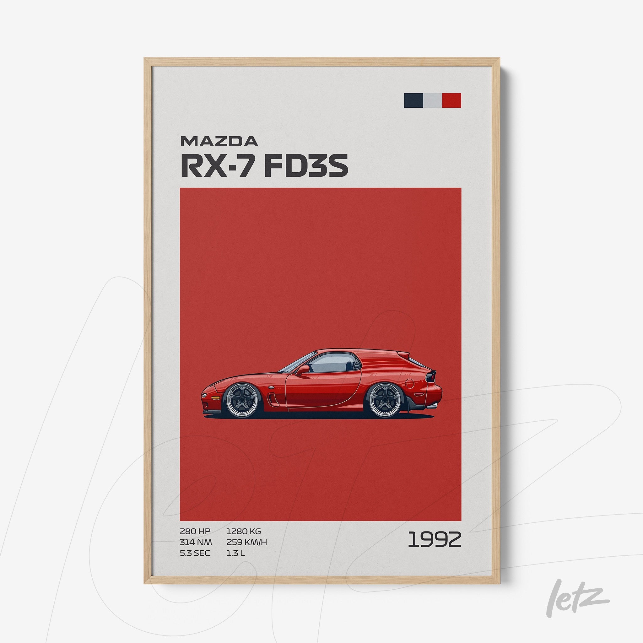 quadro com ilustração minimalista do carro Mazda RX-7 FD3S em fundo vermelho e moldura clara