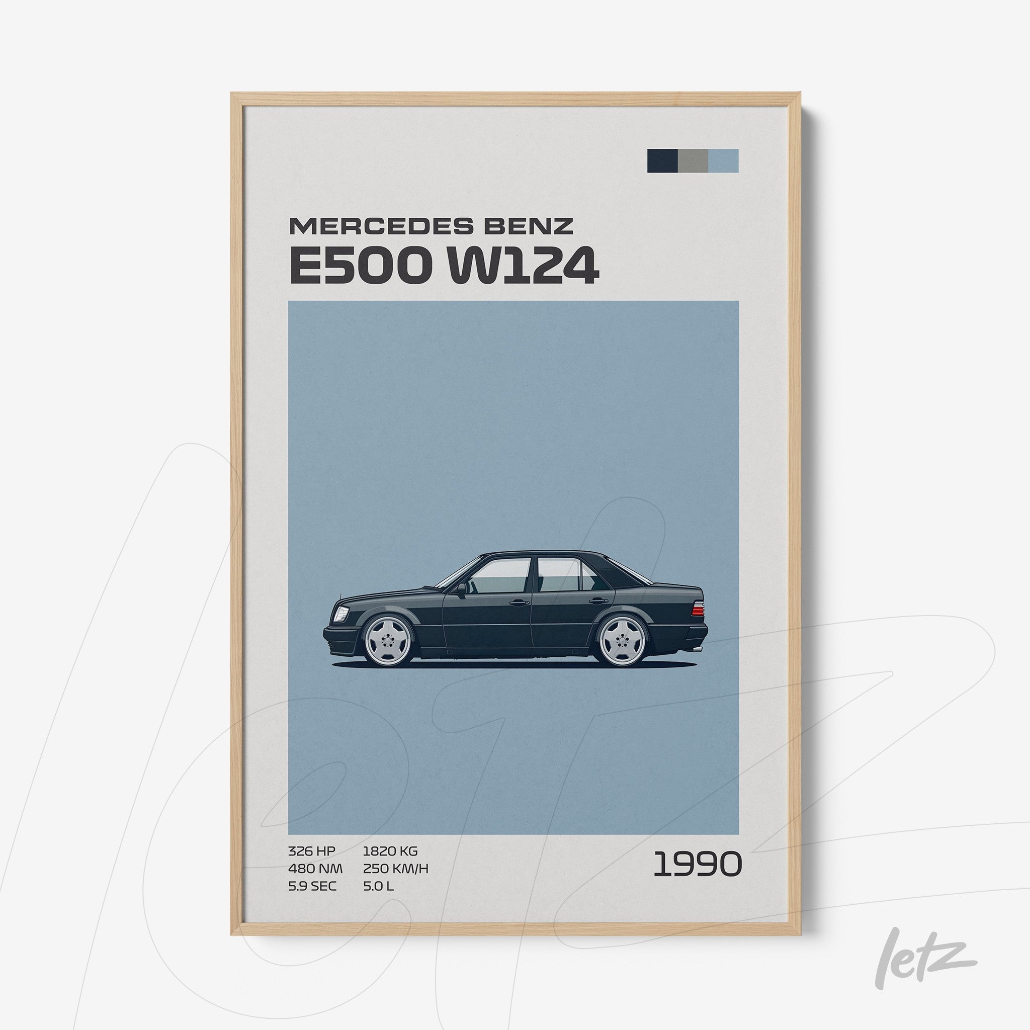 quadro com arte gráfica do Mercedes Benz E500 W124 de 1990 em moldura de madeira clara