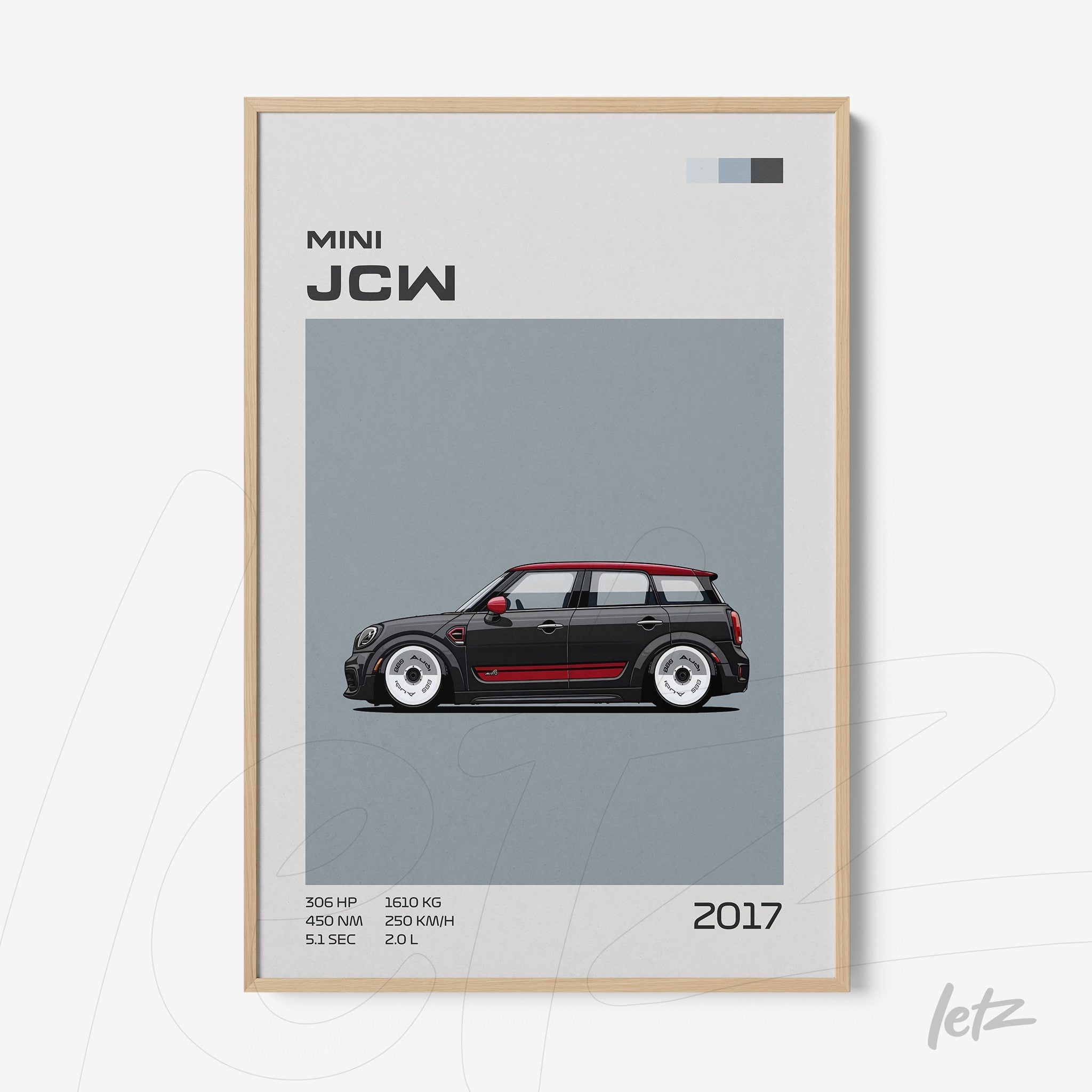 quadro com arte digital de um carro Mini John Cooper Works 2017 em moldura de madeira clara
