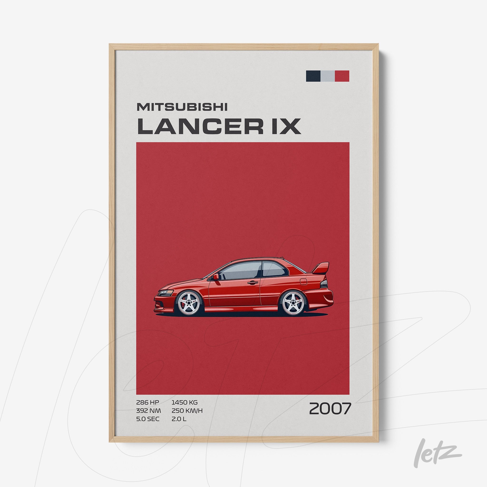quadro com arte digital do carro Mitsubishi Lancer IX com fundo vermelho e moldura clara