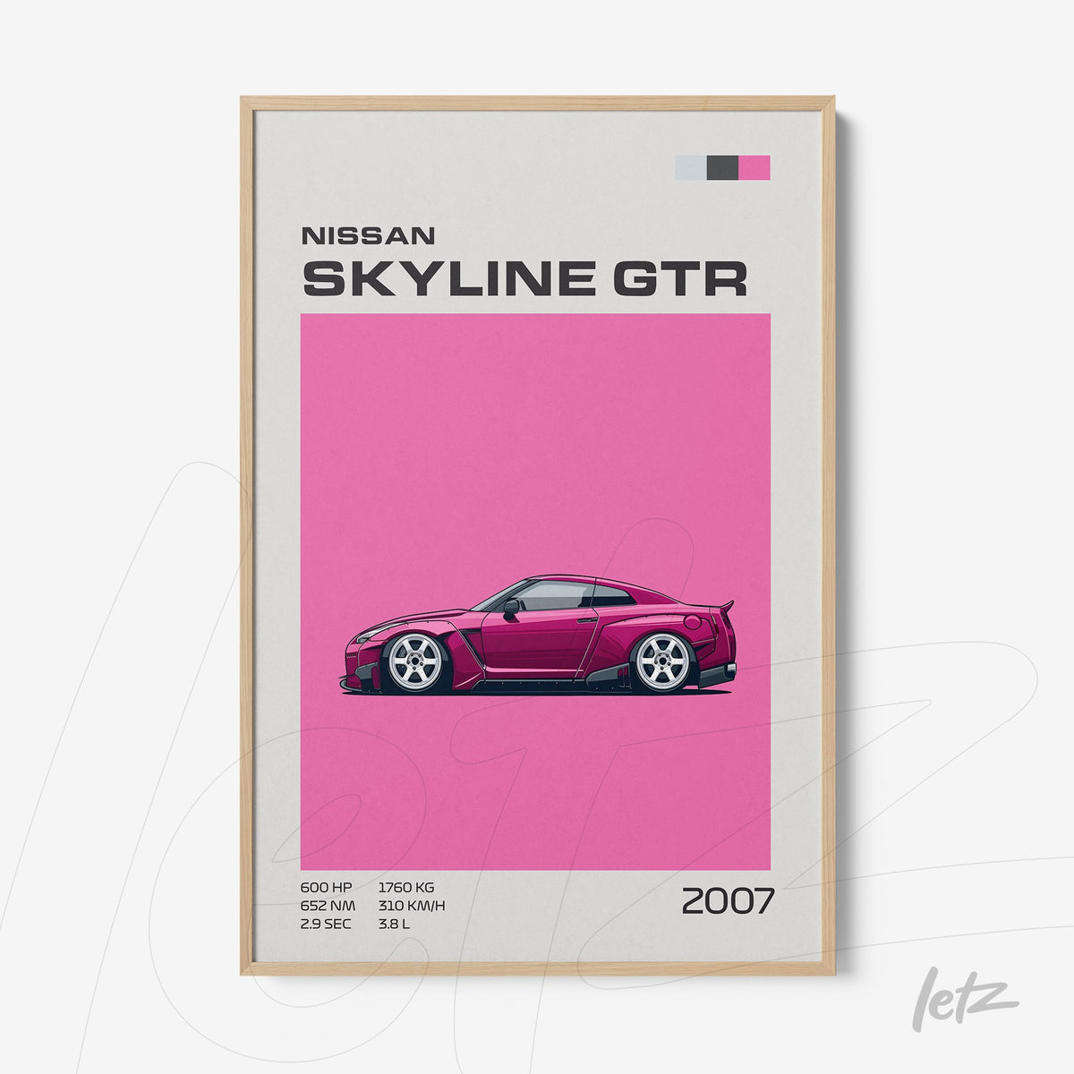 quadro com arte digital do carro Nissan Skyline GTR em fundo rosa, moldura de madeira clara