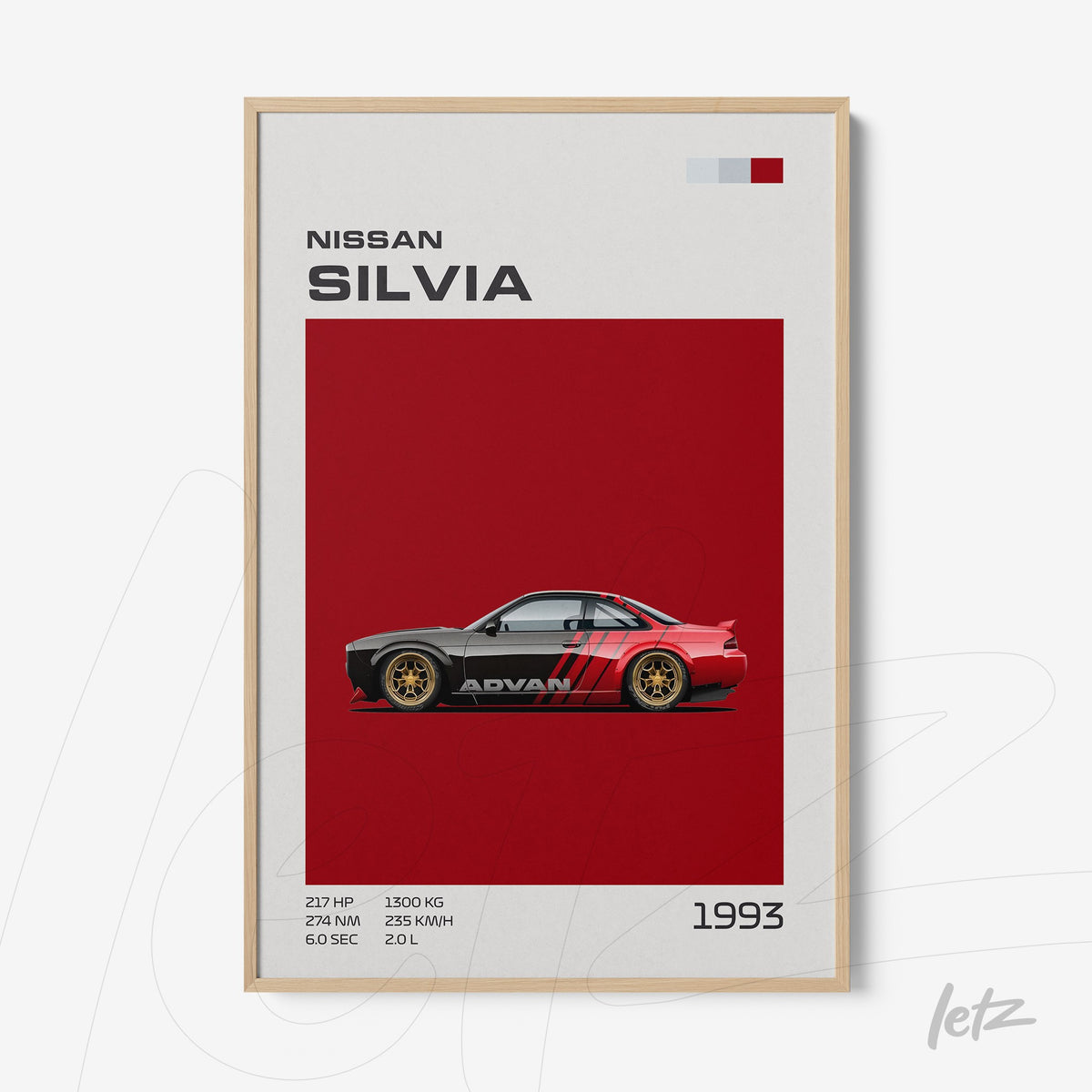 quadro com arte minimalista do carro Nissan Silvia em vermelho e detalhes em branco, moldura de madeira clara