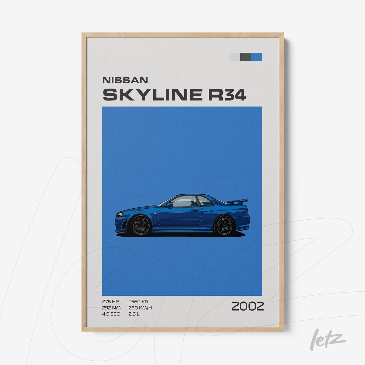 quadro com ilustração do carro Nissan Skyline R34 em fundo azul com moldura clara