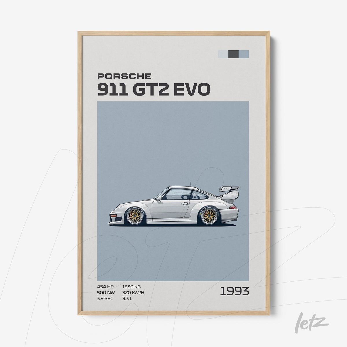 quadro com ilustração minimalista do Porsche 911 GT2 Evo de 1993 em moldura clara