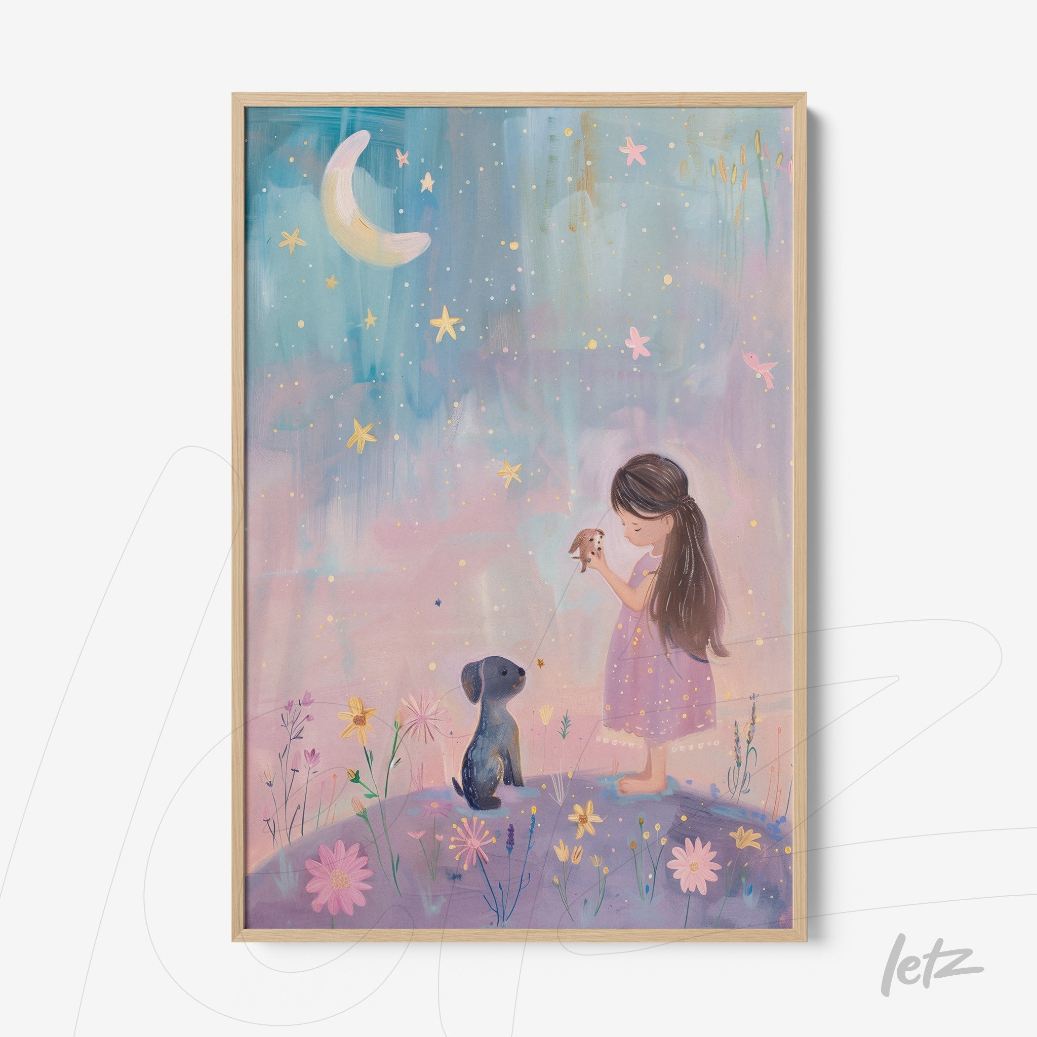 quadro com ilustração retrô de menina com vestido rosa e cachorro sob um céu estrelado, moldura clara
