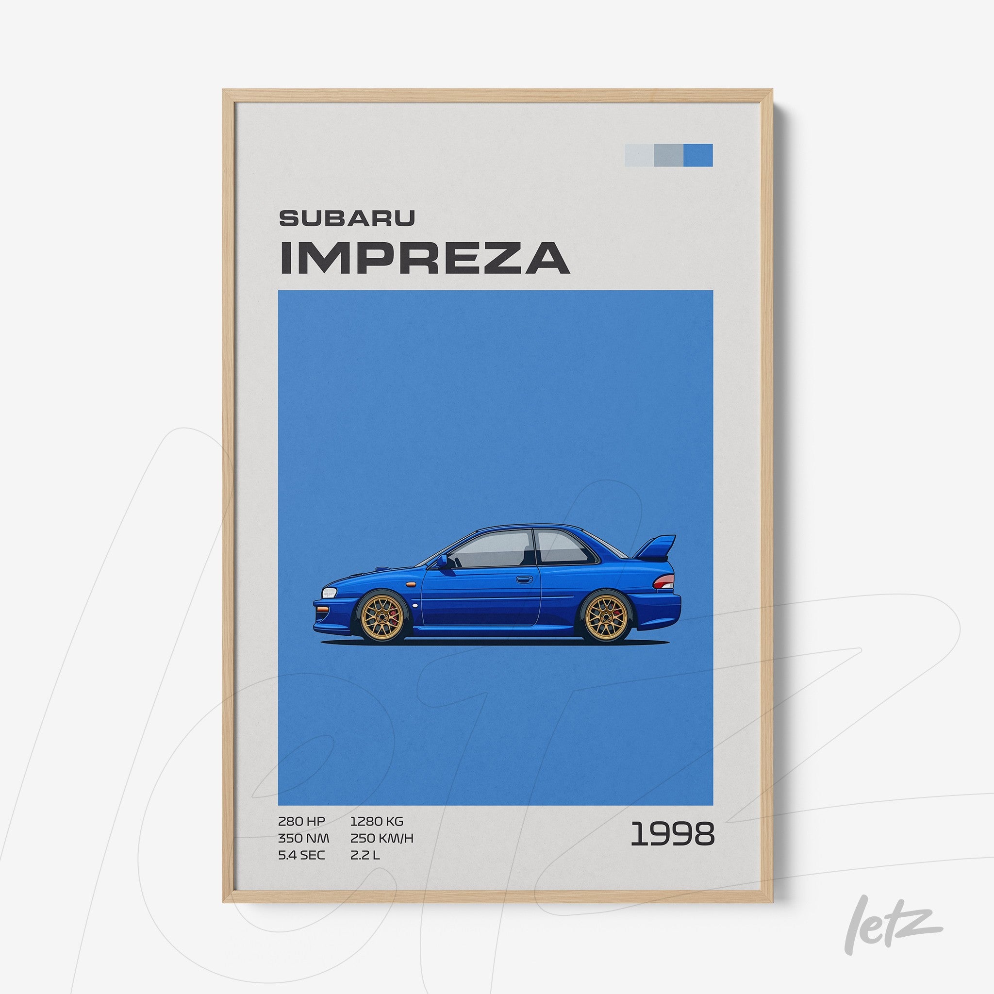 quadro com arte digital de um Subaru Impreza modelo 1998 em fundo azul com moldura de madeira clara
