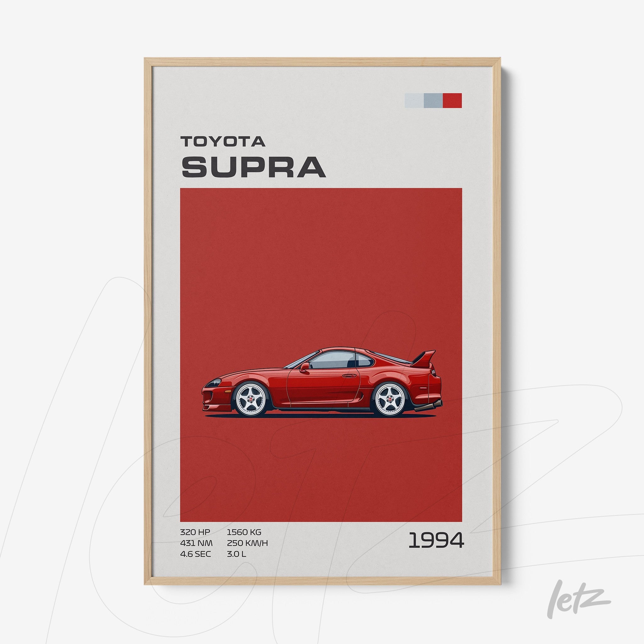 quadro com ilustração do carro Toyota Supra de 1994 em fundo vermelho e moldura de madeira clara