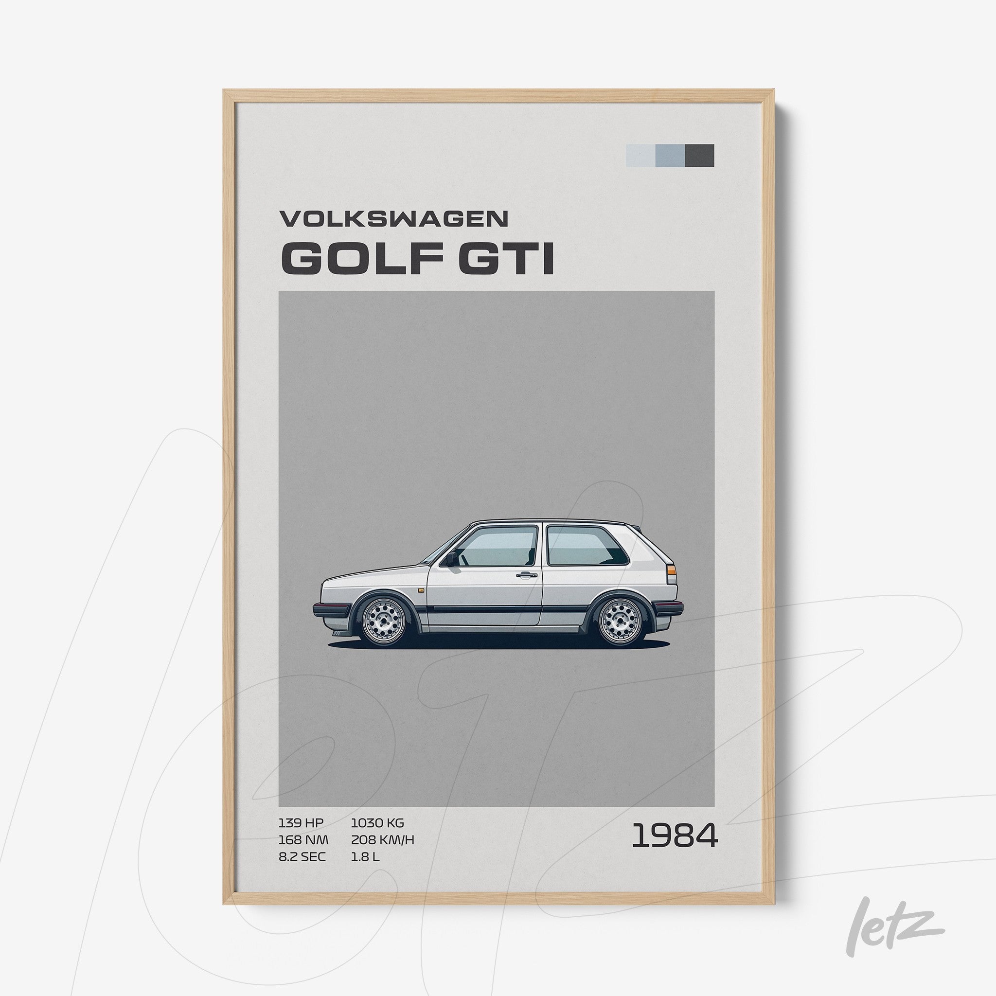 quadro decorativo com ilustração do Volkswagen Golf GTI 1984 em moldura de madeira clara e fundo neutro