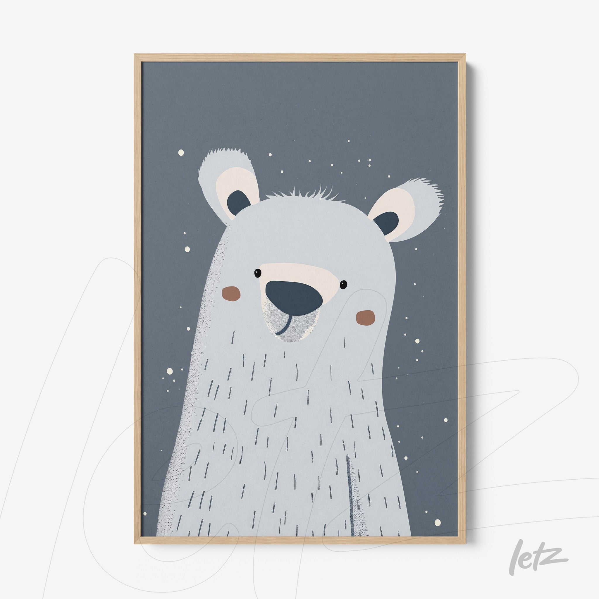 quadro com ilustração divertida de urso polar em fundo azul com moldura clara