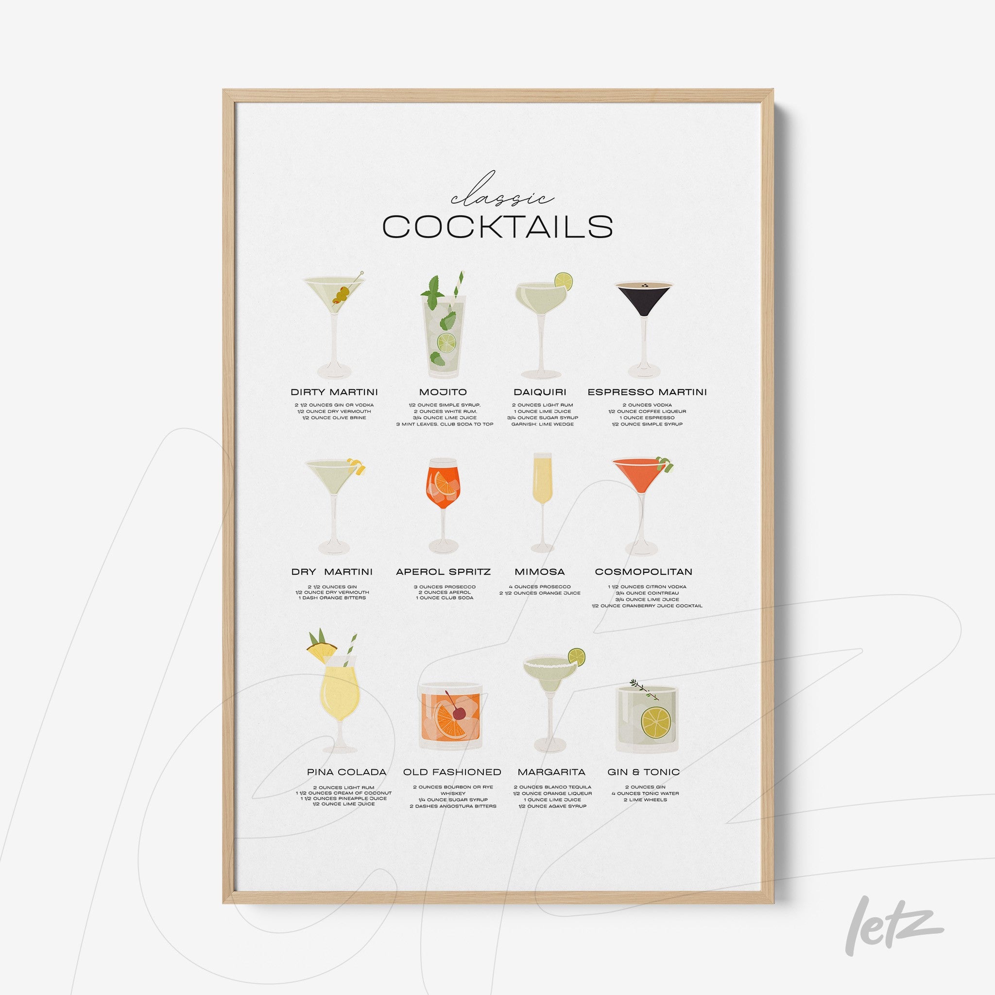quadro com ilustrações de drinks clássicos em moldura clara com fundo branco