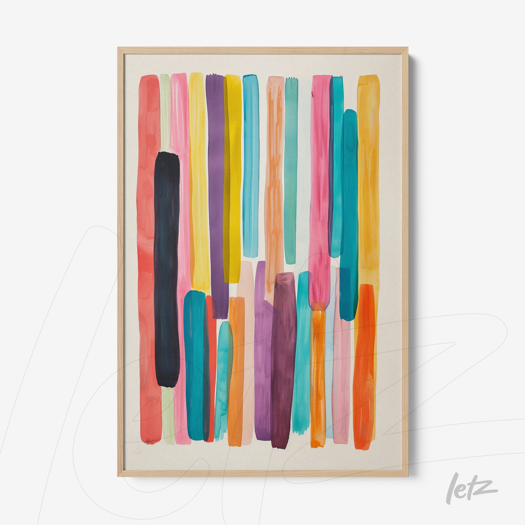 quadro com abstração em cores vibrantes verticalmente dispostas em fundo claro com moldura de madeira clara