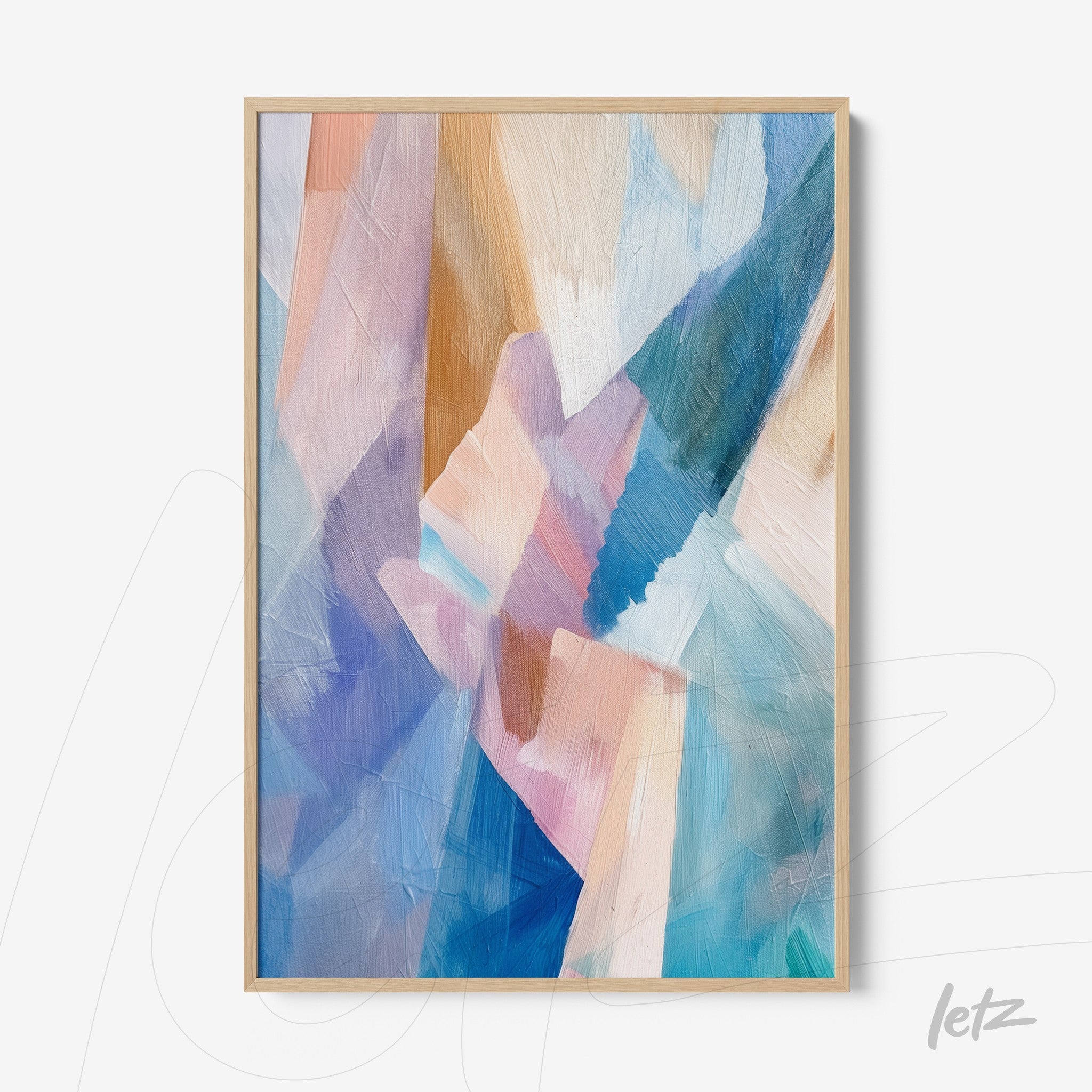 quadro com arte abstrata em tons de azul, rosa e bege com moldura clara
