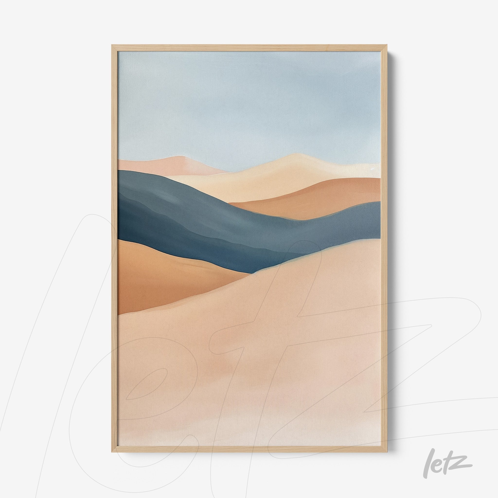 quadro com arte abstrata de paisagens em tons neutros com moldura clara