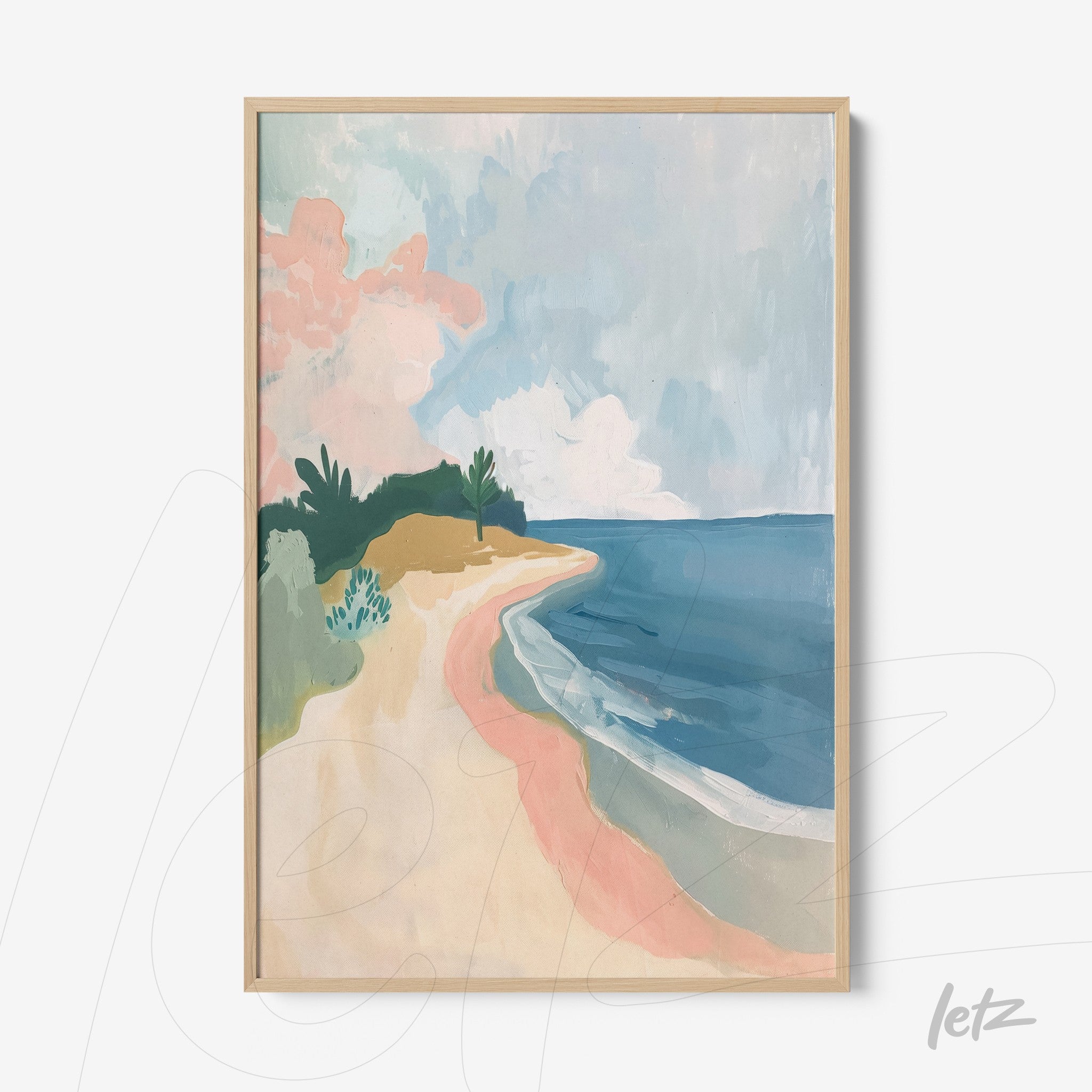 quadro com arte abstrata de uma praia paradisíaca em moldura de madeira clara
