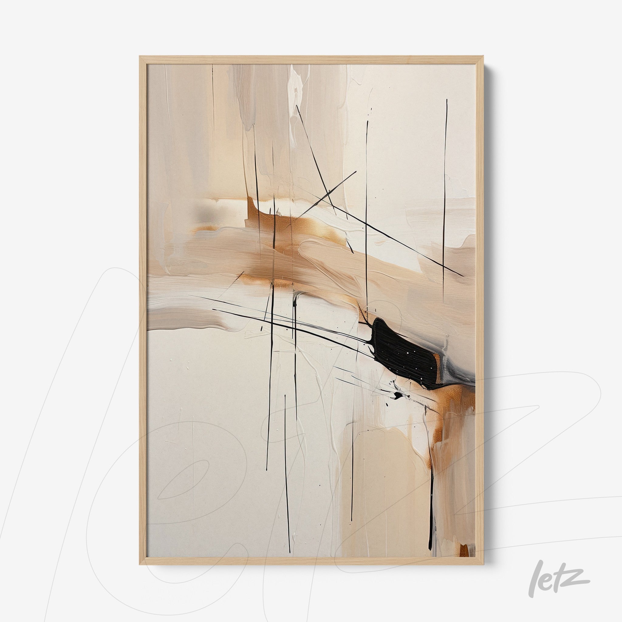 quadro com arte abstrata em tons neutros, textura suave e linhas negras, em moldura de madeira clara