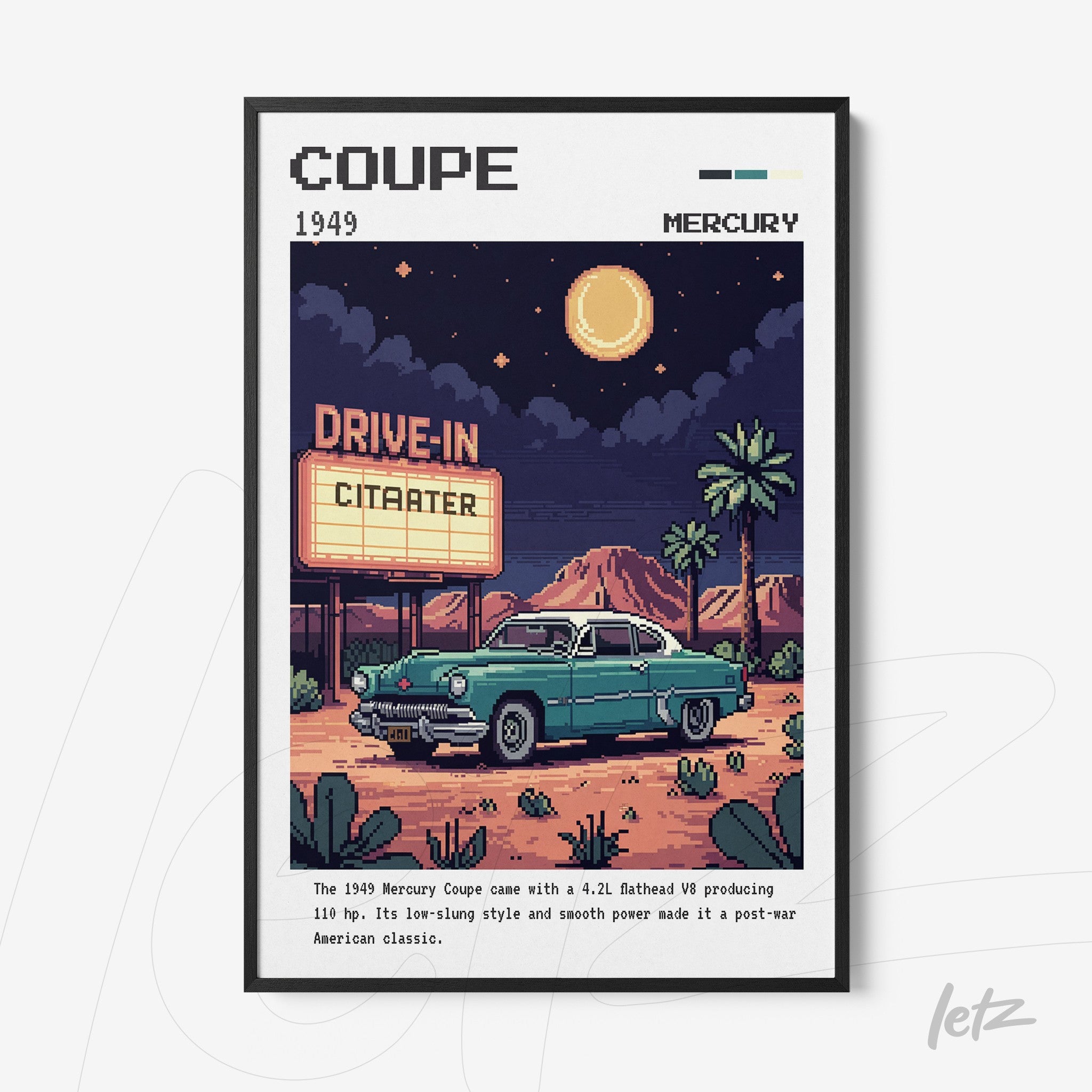 quadro com arte pixelada de um carro Mercury Coupe de 1949 em um ambiente retrô de cinema drive-in
