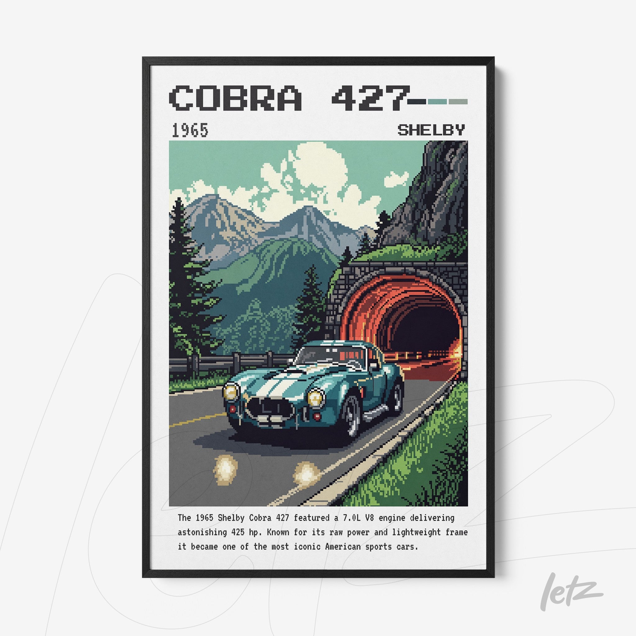quadro com arte digital de um carro esportivo Cobra 427 em estilo retrô, com paisagem montanhosa ao fundo e uma estrada que leva a um túnel