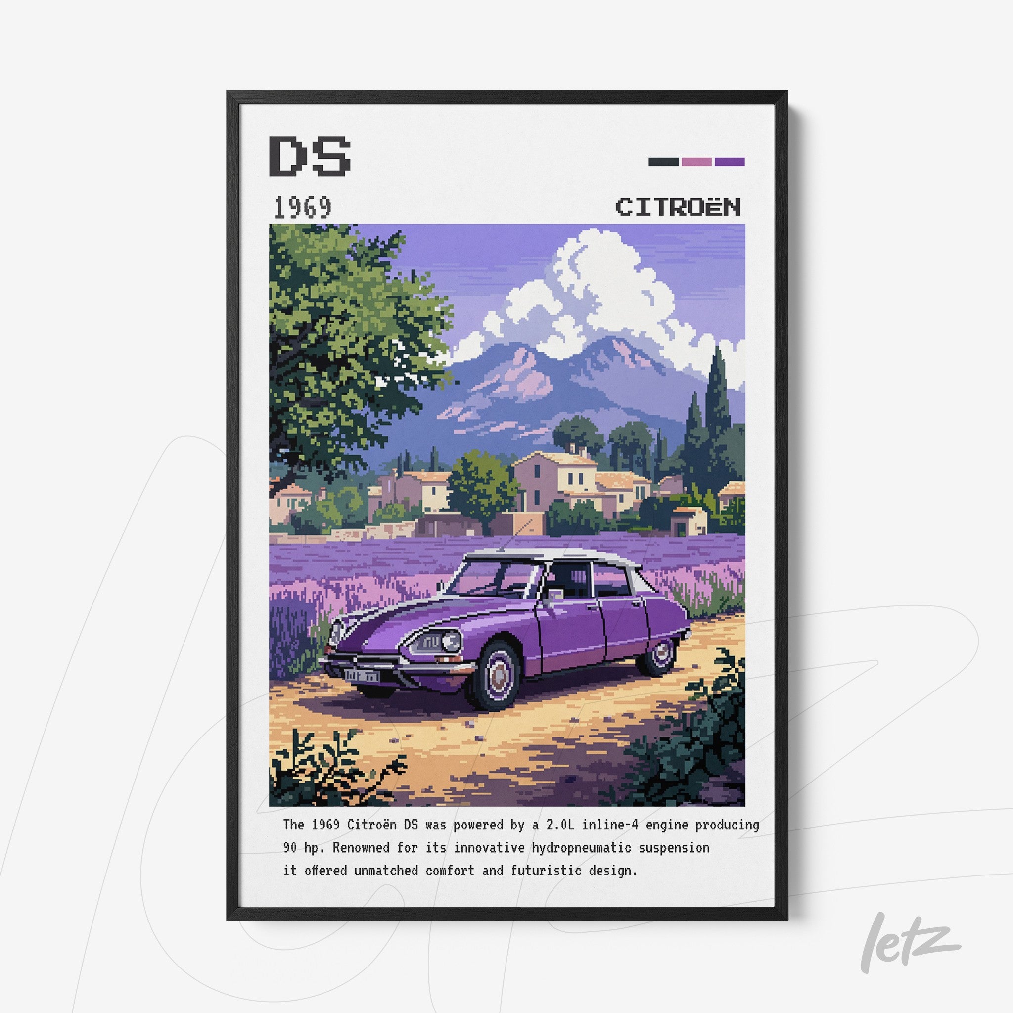 quadro com arte pixelada do carro Citroën DS de 1969 em um cenário campestre roxo com montanhas ao fundo e moldura preta