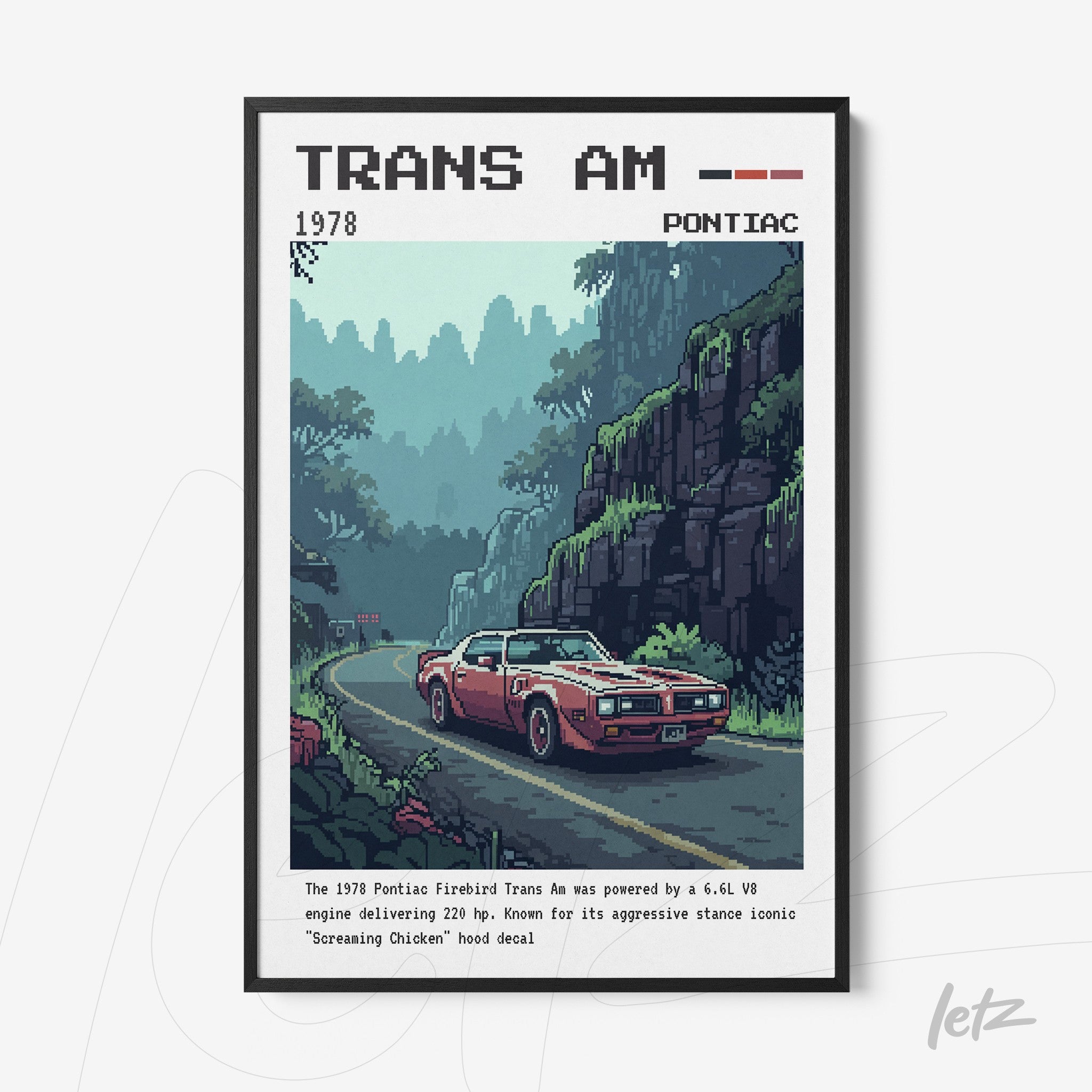 quadro com arte pixelada de um carro Pontiac Trans Am em um cenário montanhoso, moldura preta