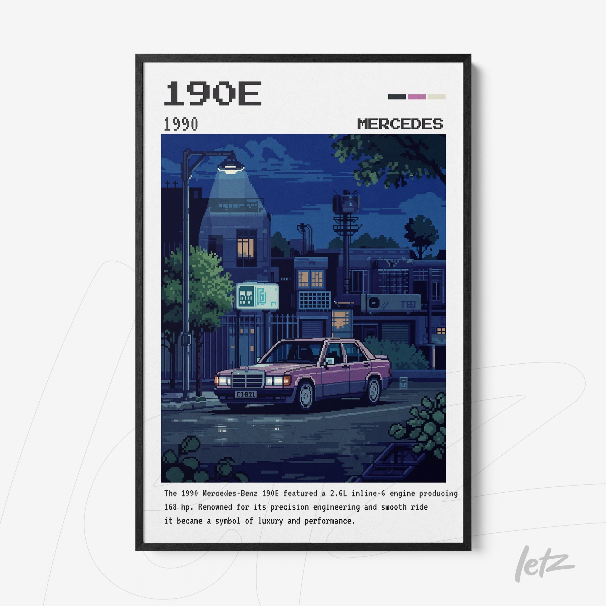 quadro com arte pixelada do carro Mercedes-Benz 190E em ambiente noturno, moldura preta