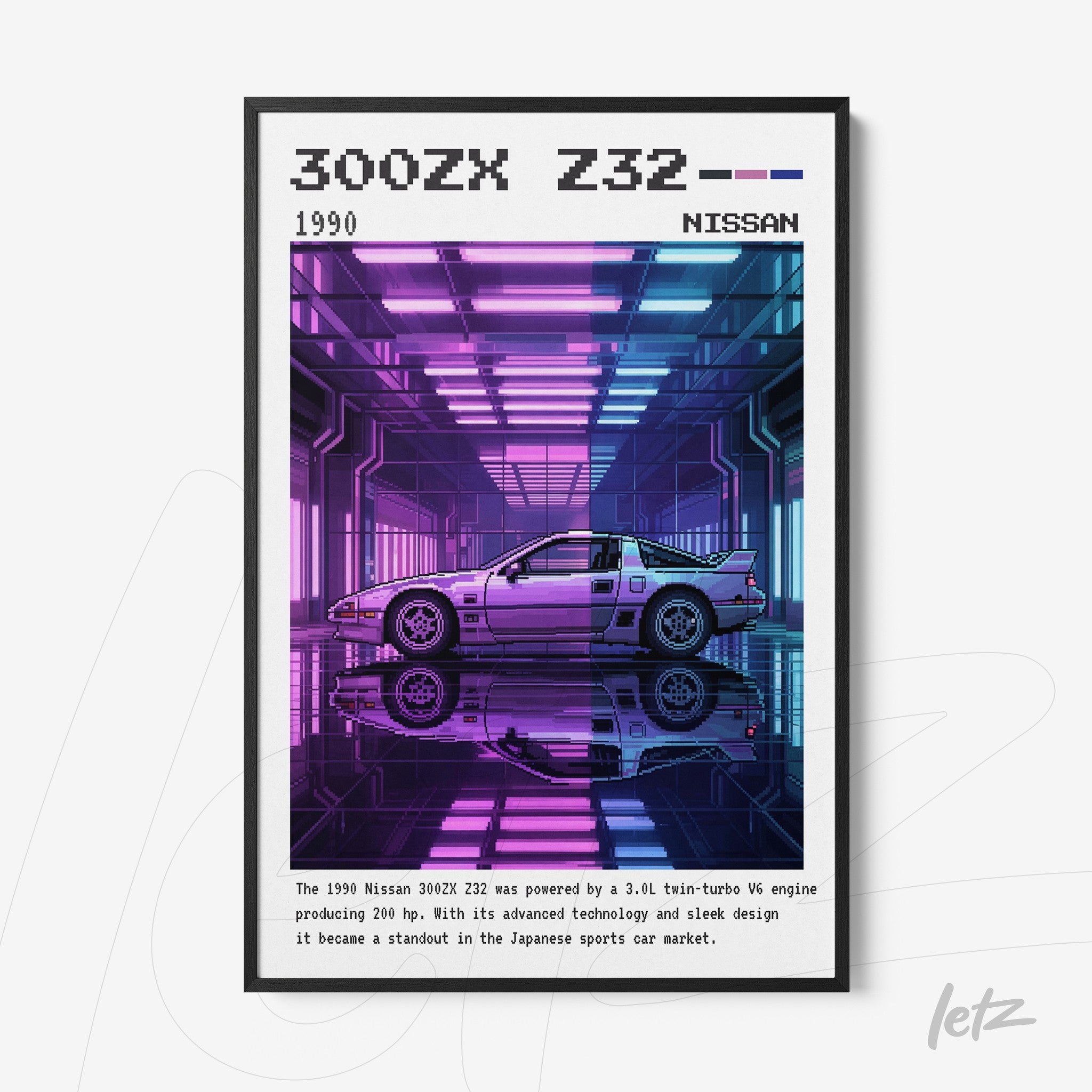 quadro com arte digital de um carro Nissan 300ZX Z32 em estilo retrô, apresentado em uma moldura preta e envolvido por uma iluminação neon