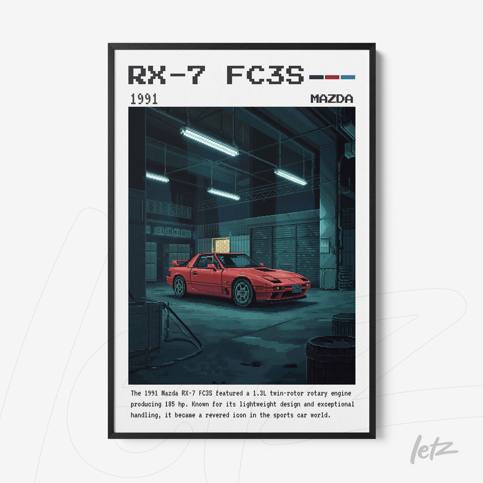 quadro digital com ilustração de carro esportivo Mazda RX-7 FC3S em ambiente de oficina, moldura preta
