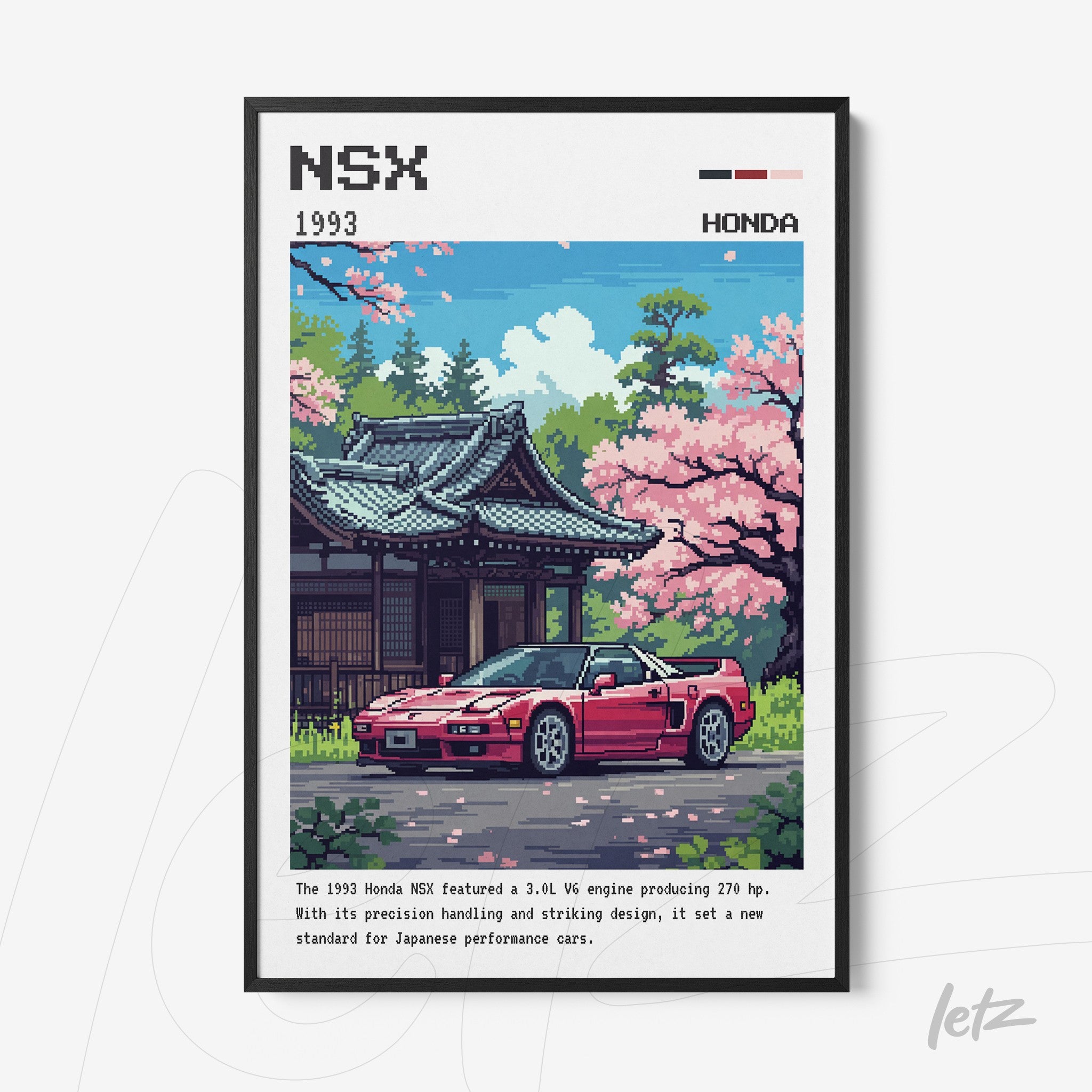 quadro com arte pixelada de um carro Honda NSX vermelho frente a uma casa tradicional japonesa com flores de cerejeira