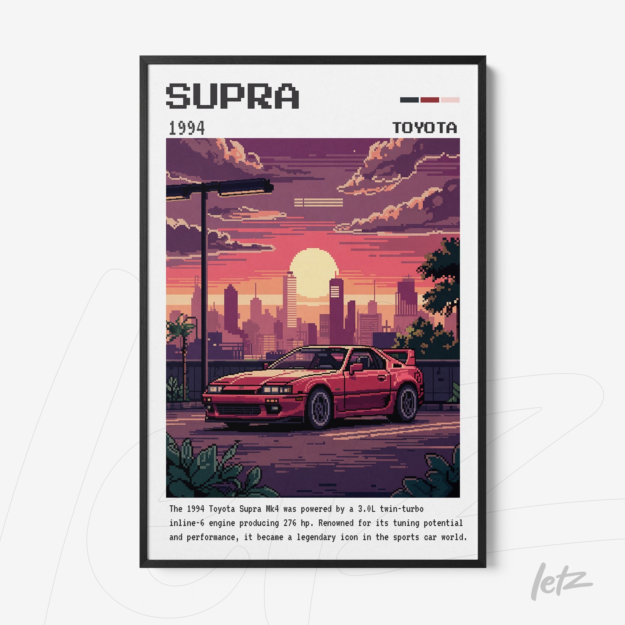 quadro com arte de estilo pixelado de um carro Toyota Supra 1994, moldura preta, retratando o pôr do sol urbano