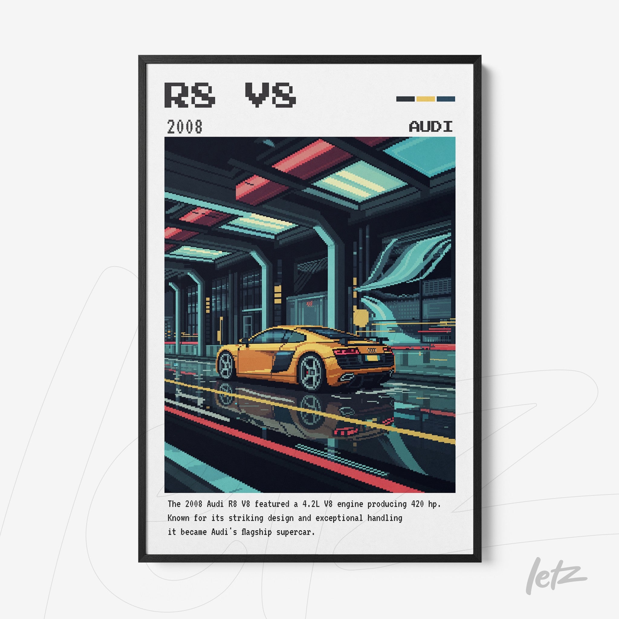 quadro com arte digital retro de um carro esportivo Audi R8 amarelo em moldura preta fina com fundo de garagem futurista