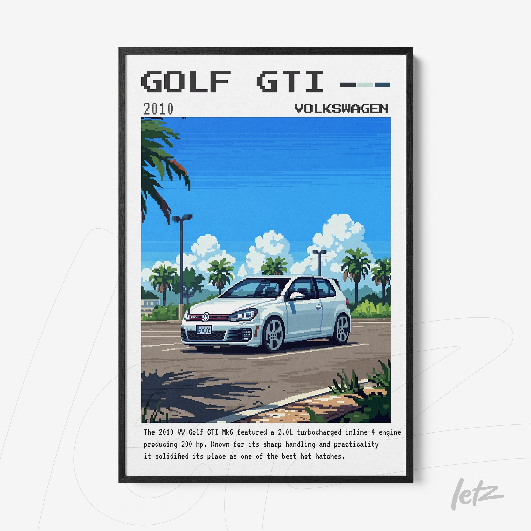 quadro com arte digital estilo pixel art do carro Golf GTI em moldura preta