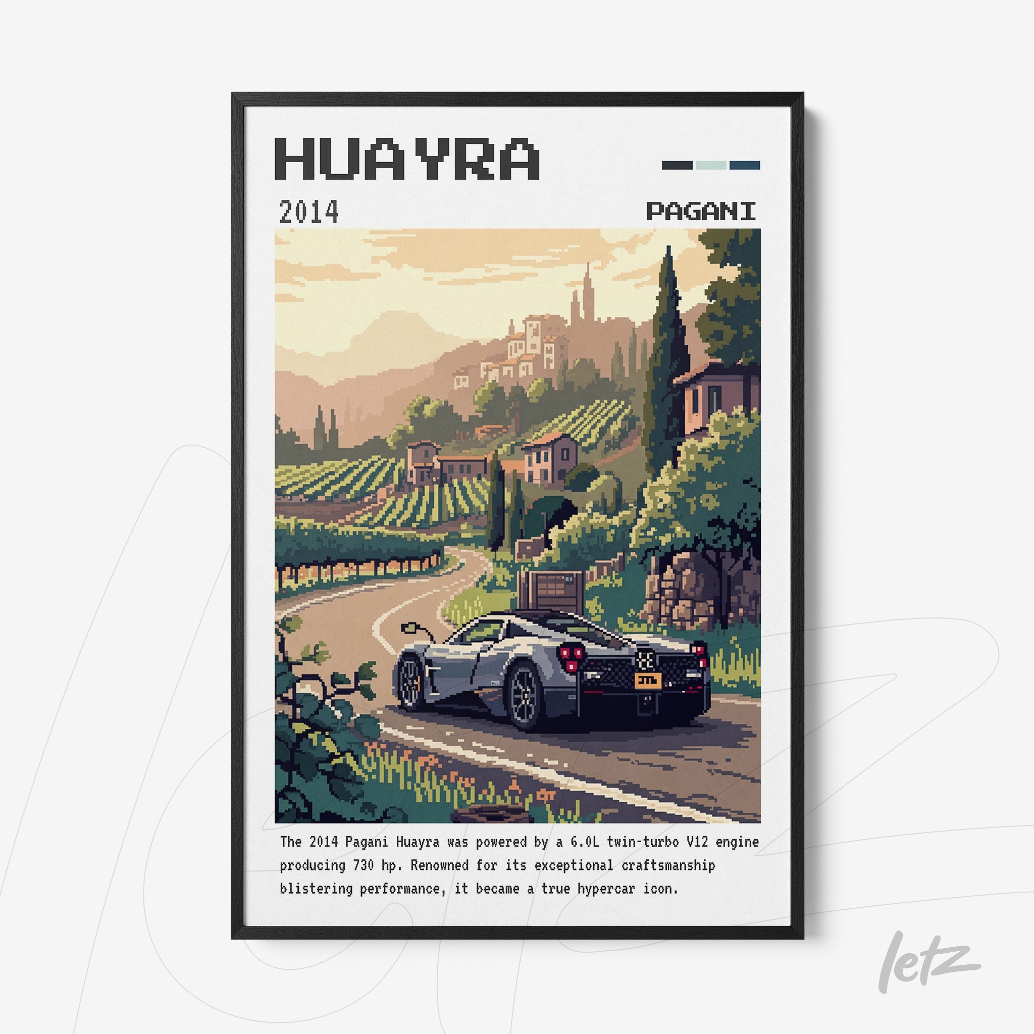 quadro com arte pixelada de um carro Pagani Huayra em uma paisagem rural, com colinas e vinhedos ao fundo, moldura preta