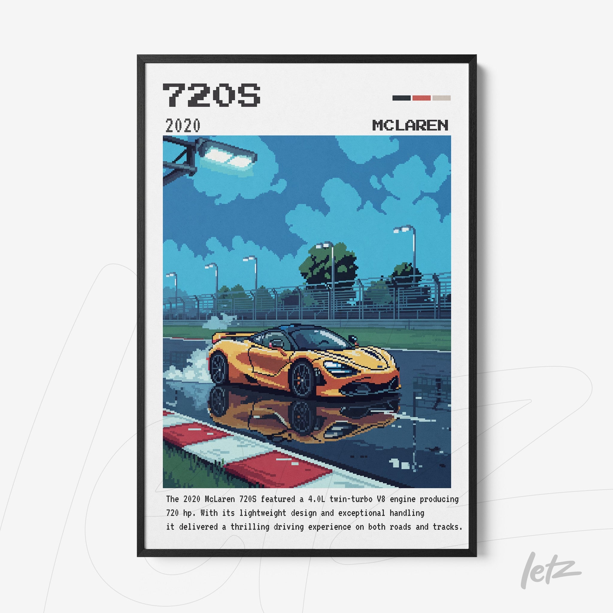 quadro com arte digital de um carro esportivo McLaren 720S amarelo, refletido em poça de água sob céu azul com nuvens, moldura preta