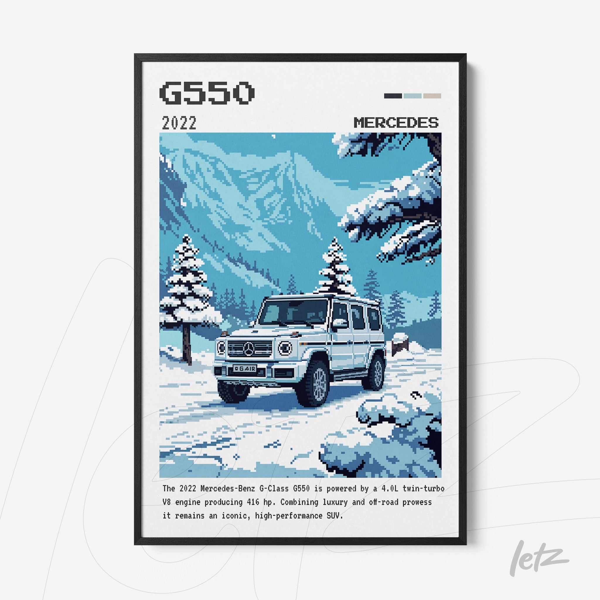 quadro com arte em Pixel Art da Mercedes-Benz G550 2022 em um cenário de neve com montanhas ao fundo e moldura preta