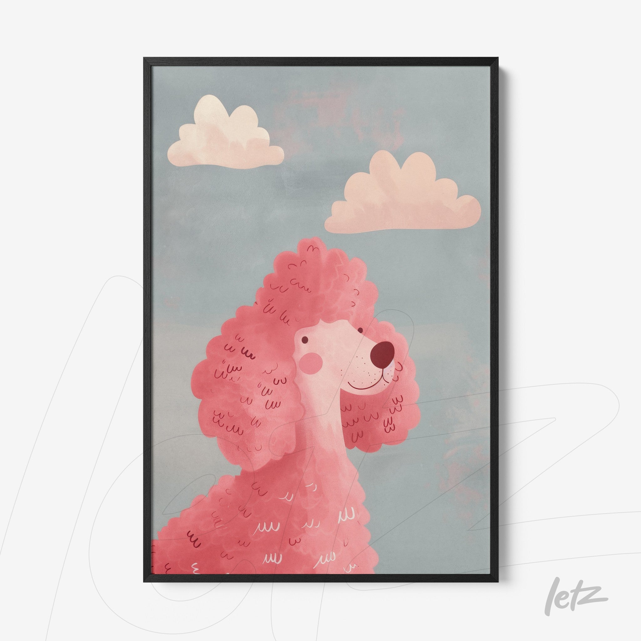 quadro com ilustração de poodle rosa em fundo azul com nuvens claras, moldura preta