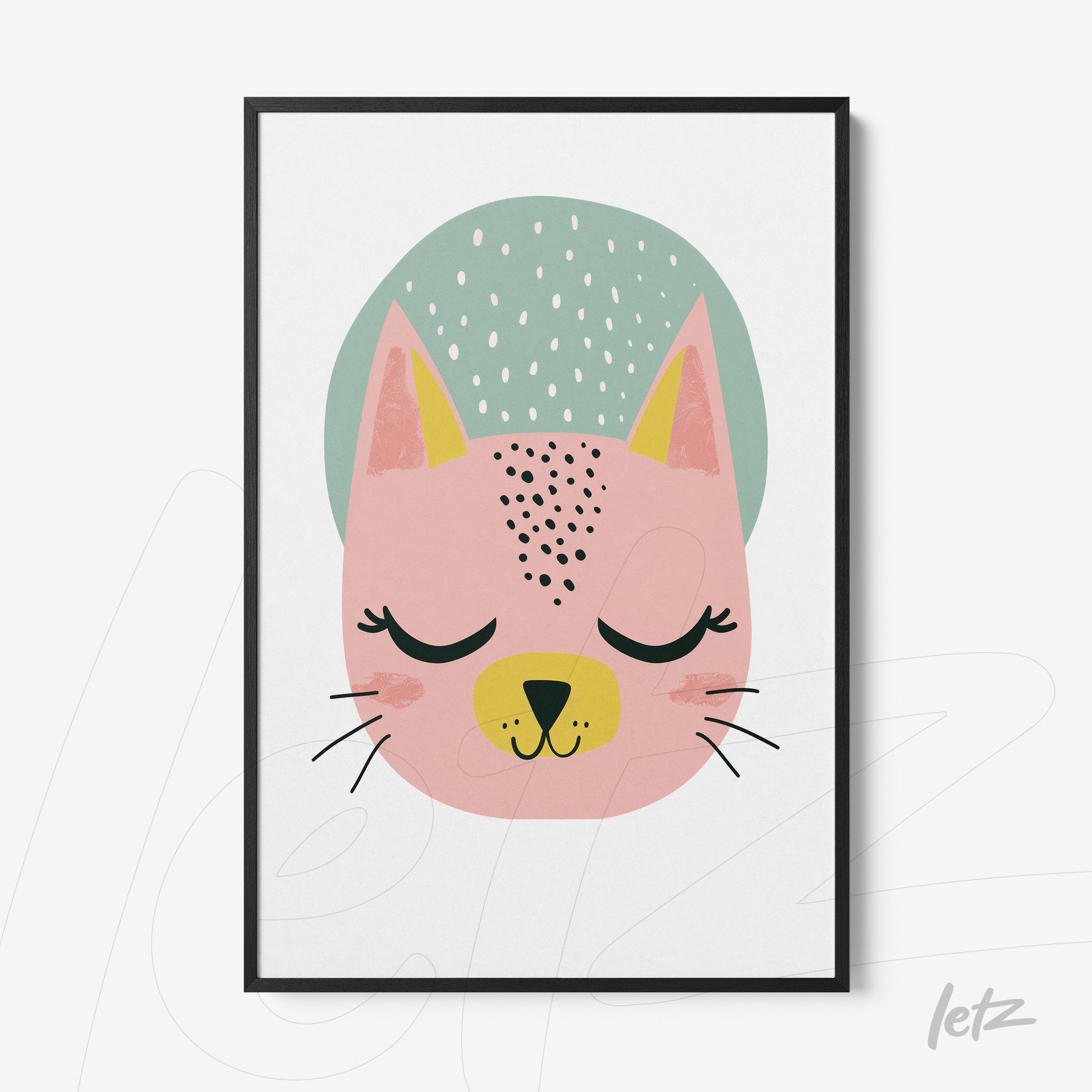 quadro com ilustração de gato estilizado em fundo branco, com pelo rosa e olhos fechados
