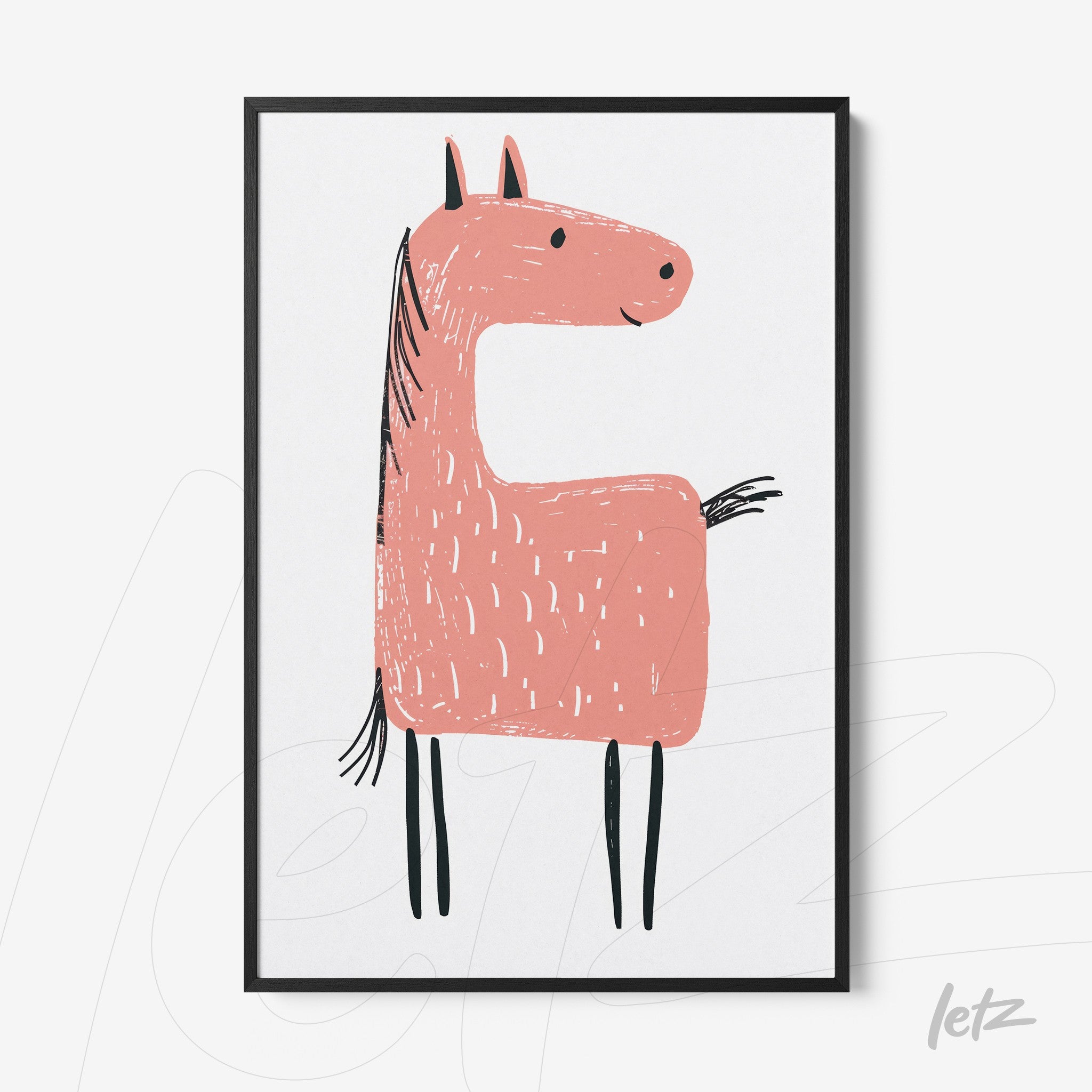 quadro com ilustração divertida de um cavalo rosa com traços simples em moldura preta