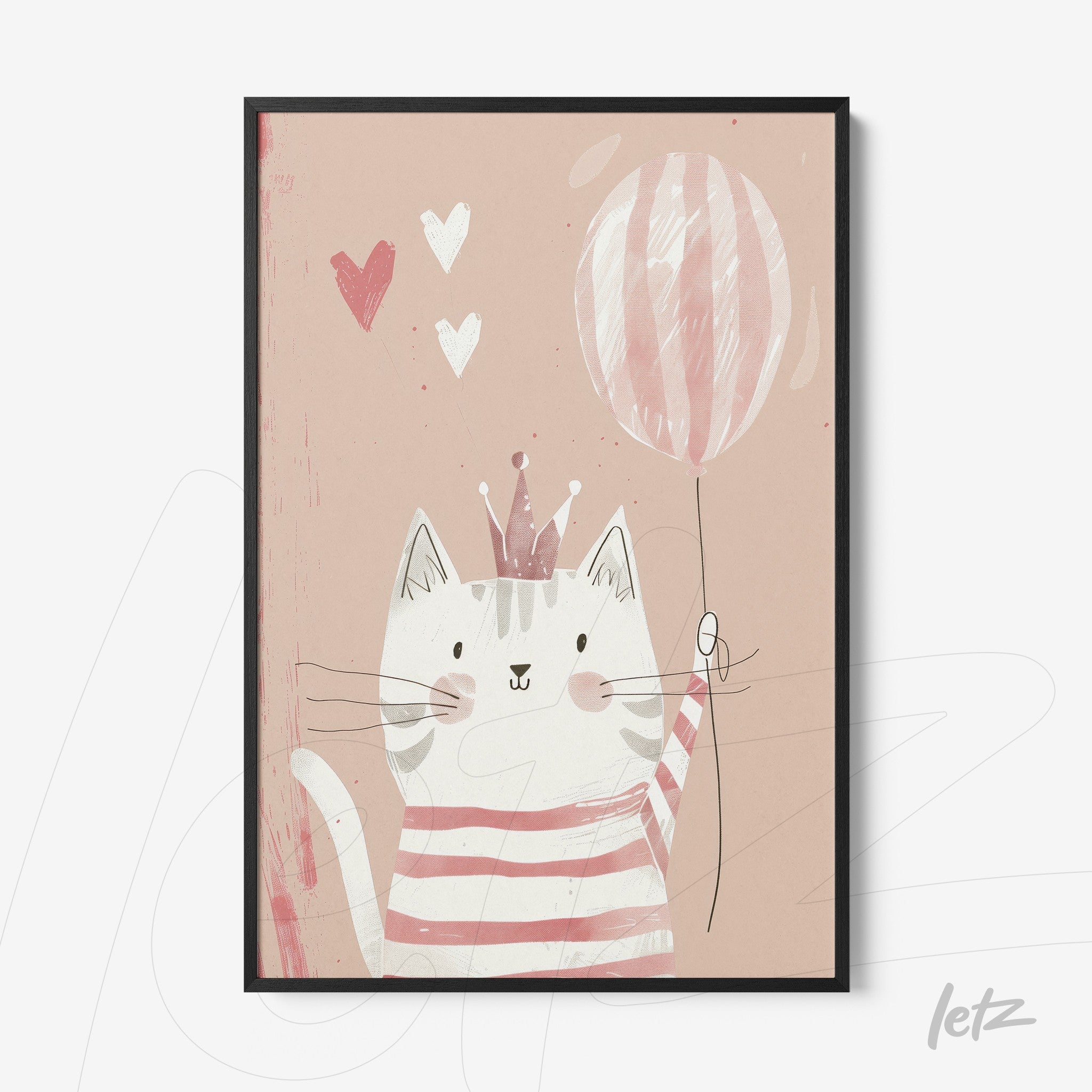 quadro com ilustração de gato fofinho usando uma coroa e segurando um balão, sobre fundo rosa e moldura preta