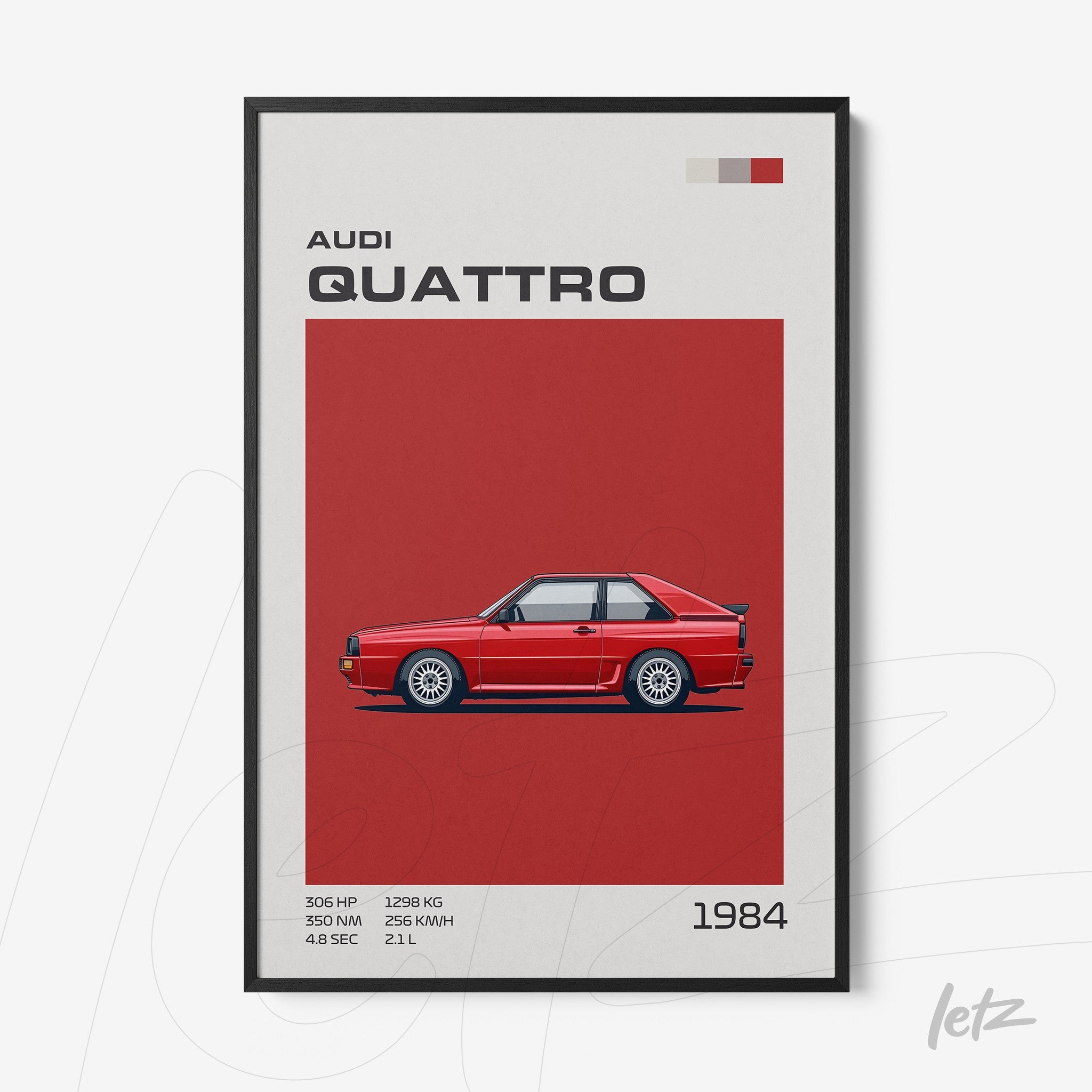 quadro com ilustração do carro Audi Quattro em fundo vermelho, moldura preta