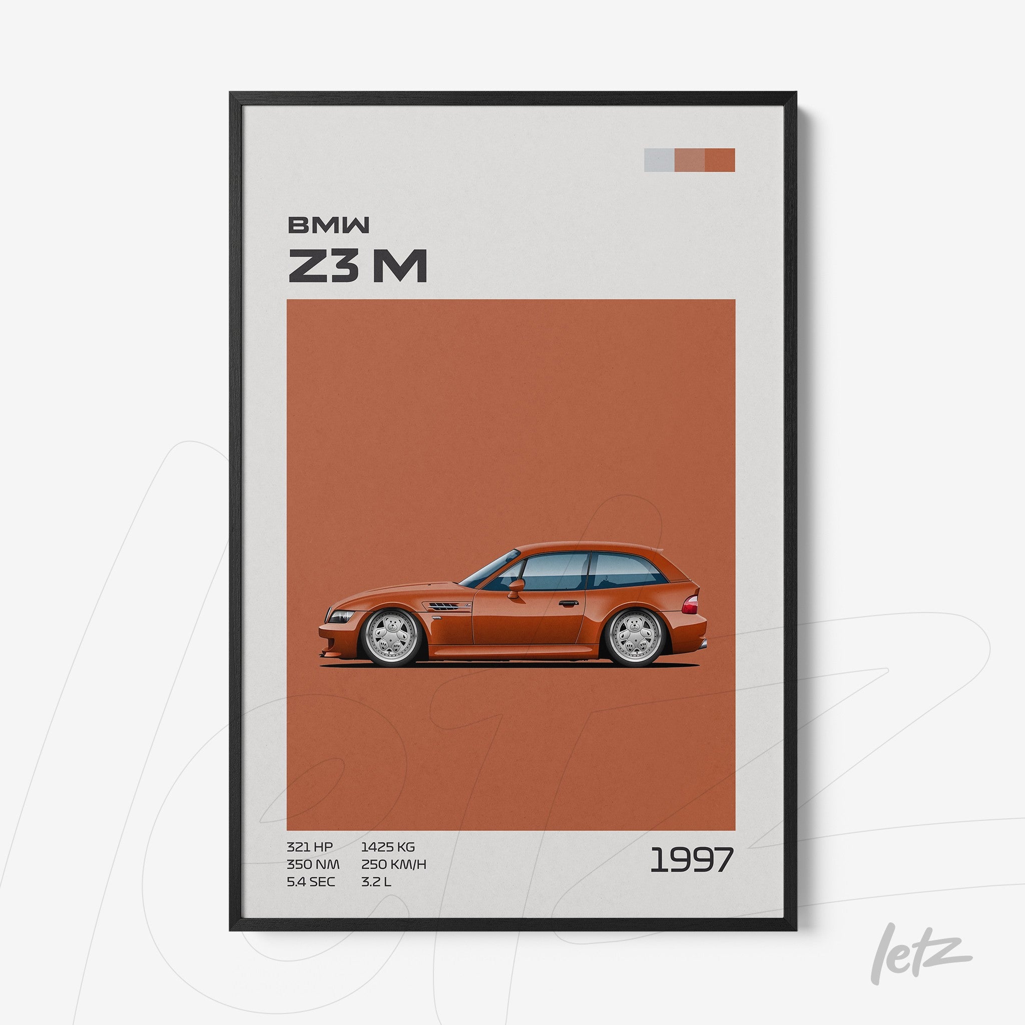 quadro com arte minimalista do carro BMW Z3 M em fundo laranja e moldura preta