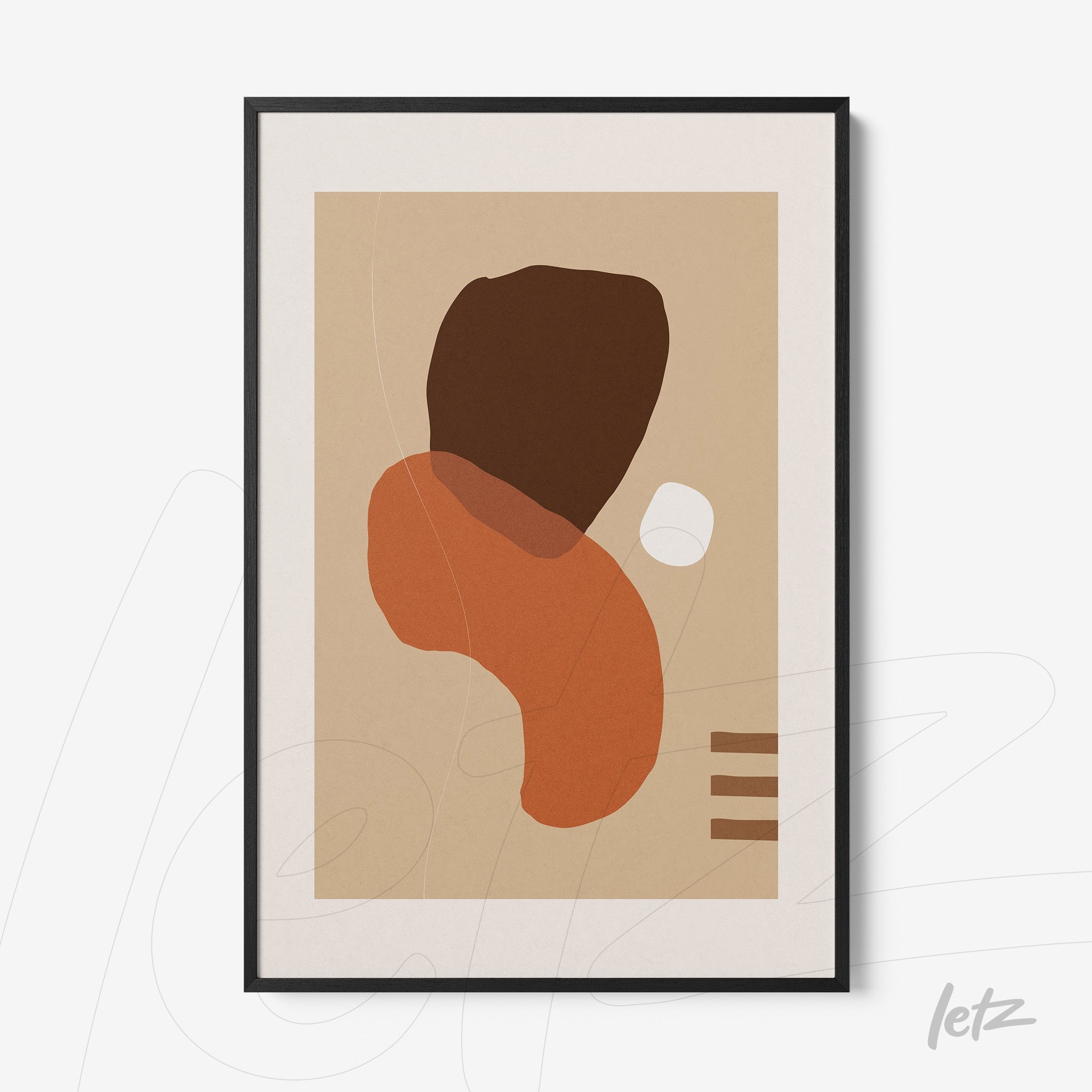 quadro abstrato com formas orgânicas em tons terrosos e moldura preta fina