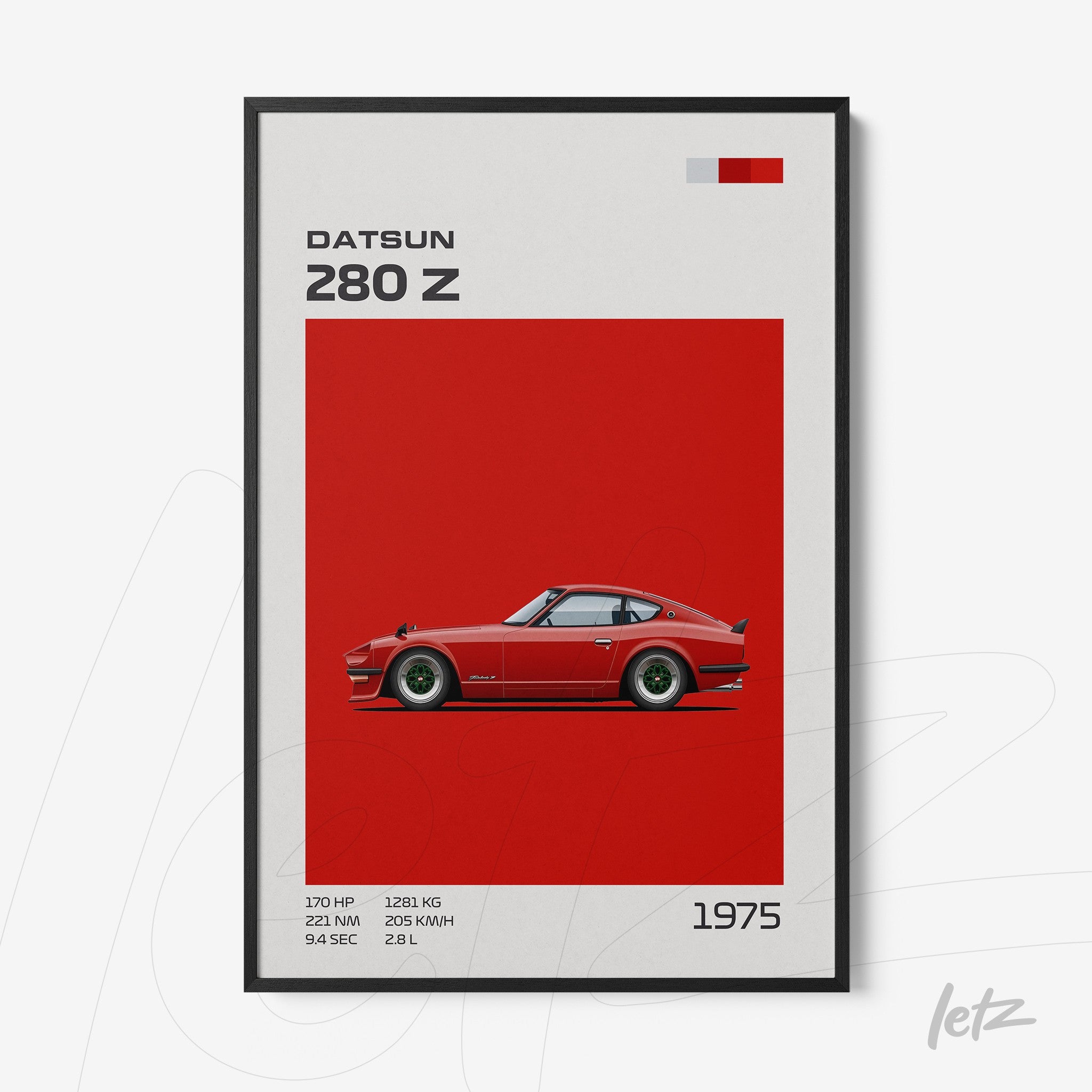 quadro com ilustração do carro Datsun 280 Z em fundo vermelho vibrante e moldura preta