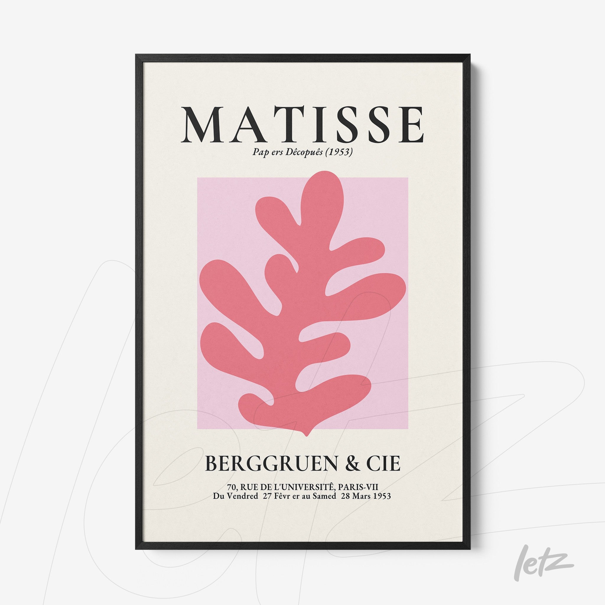 quadro com arte inspirada em Matisse, destacando um fundo rosa com uma folha estilizada em tons de rosa vibrante e moldura preta