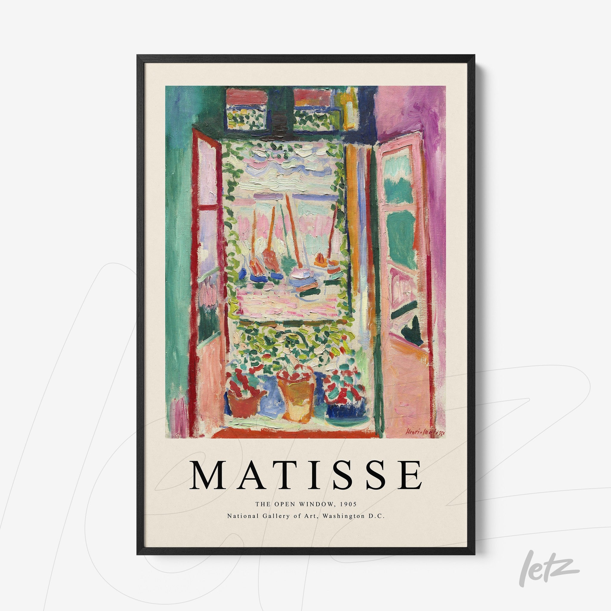 quadro com arte de Matisse, 'A Janela Aberta', em moldura preta, mostrando uma vista vibrante com flores e uma paisagem ao fundo