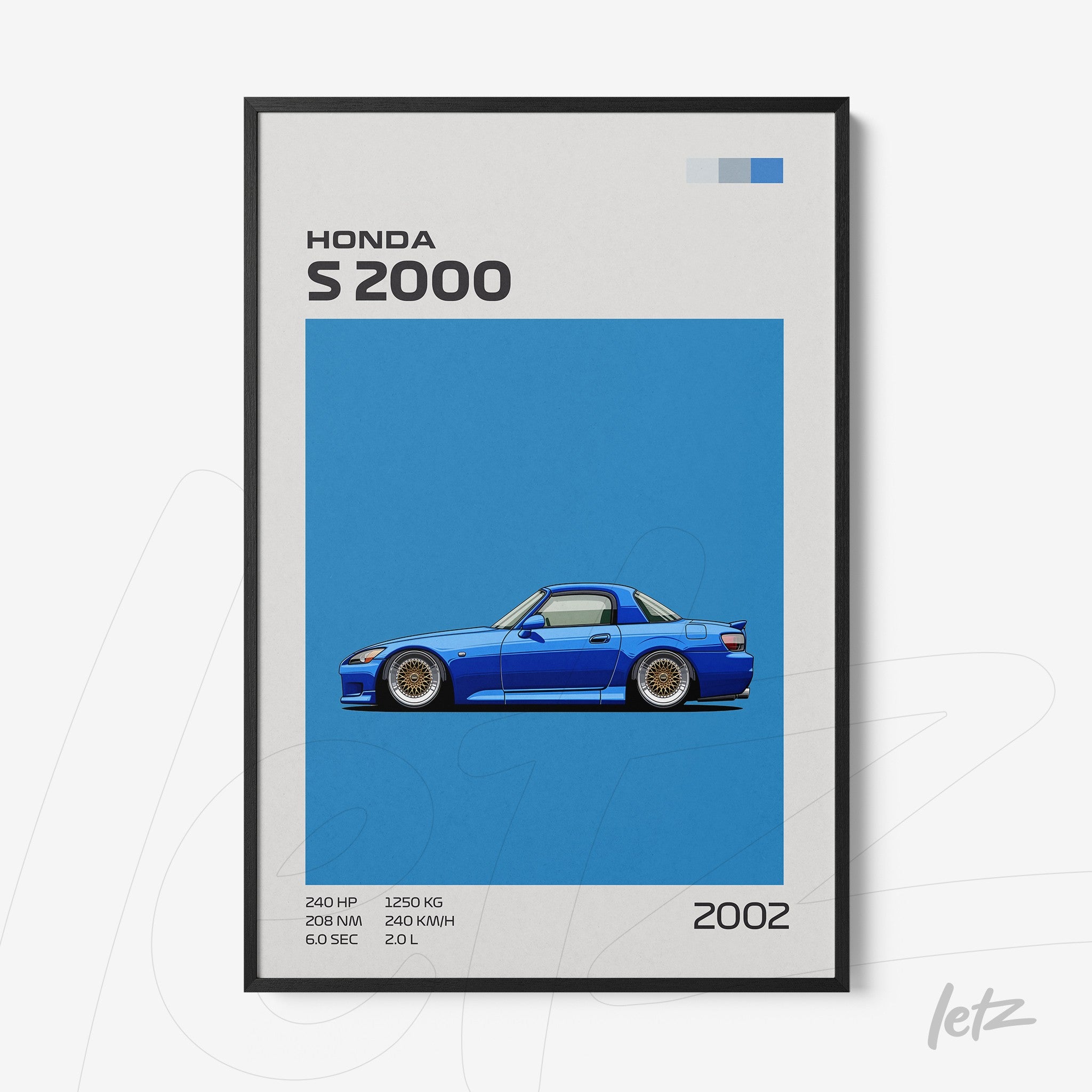 quadro com ilustração digital de um carro esportivo Honda S2000 em fundo azul