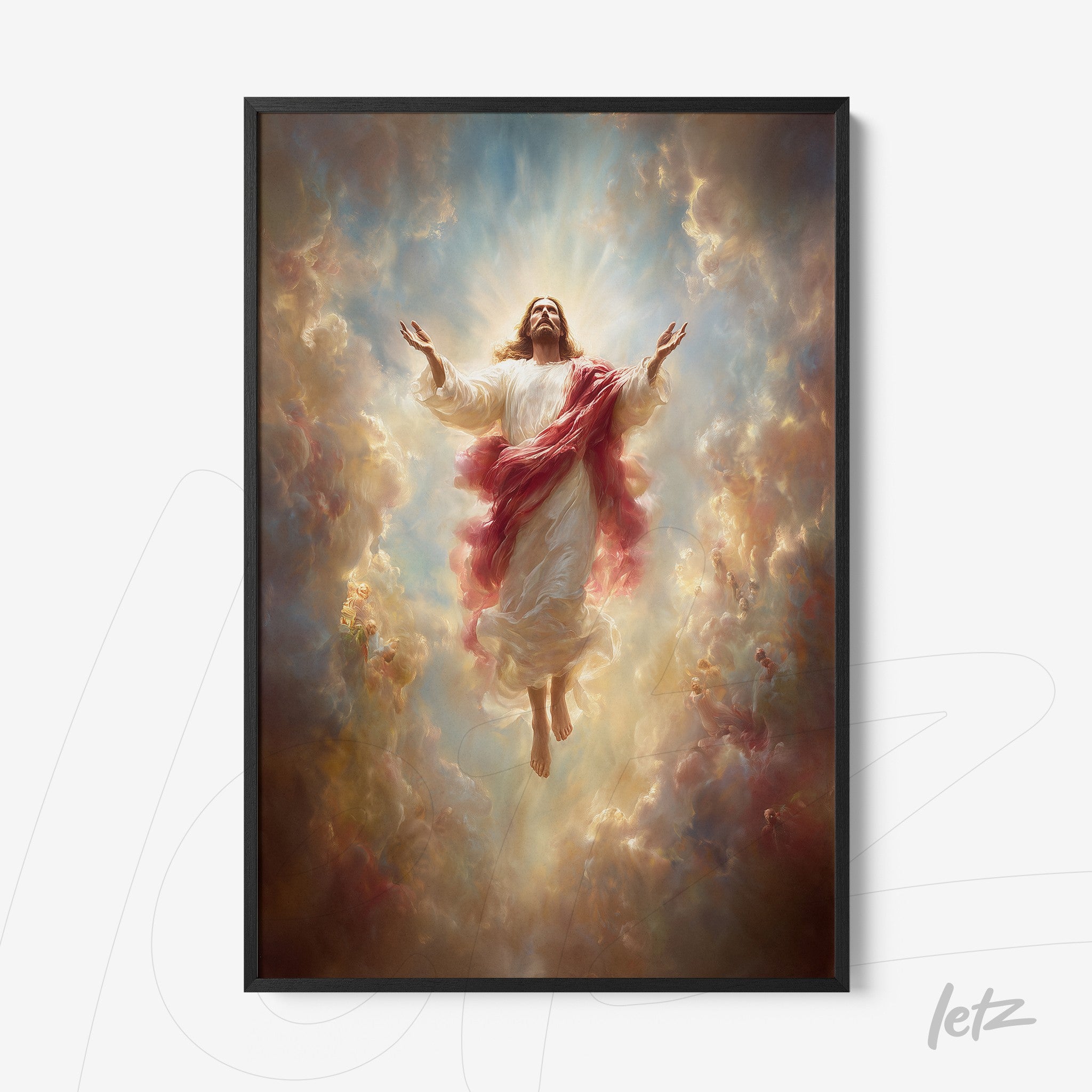 quadro com arte digital de Jesus Cristo ascendente, apresentado em moldura preta com fundo celestial repleto de nuvens coloridas