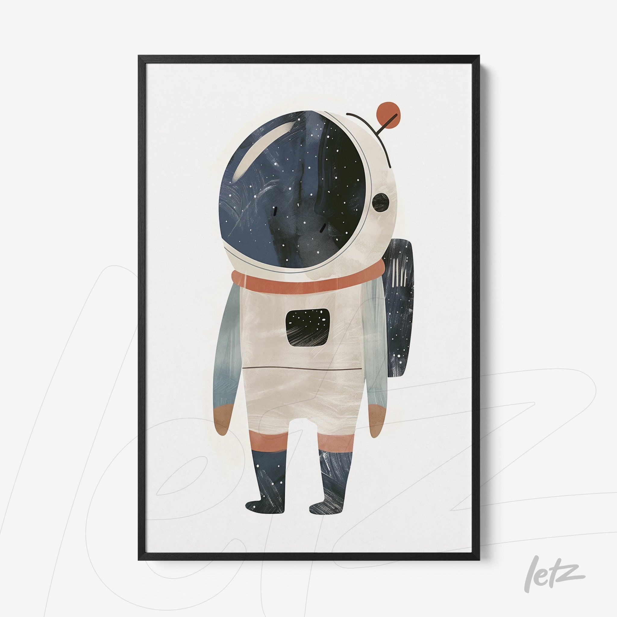 quadro com ilustração de astronauta estilizado em moldura preta fina